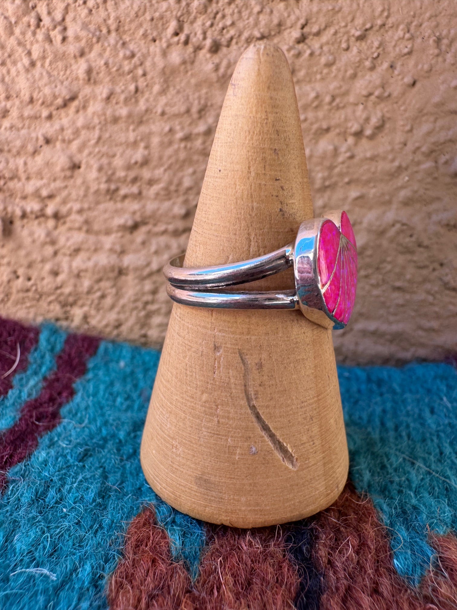 Handcrafted Sterling Silver & Hot Pink Fire Opal Inlay Heart Ring size 8.5