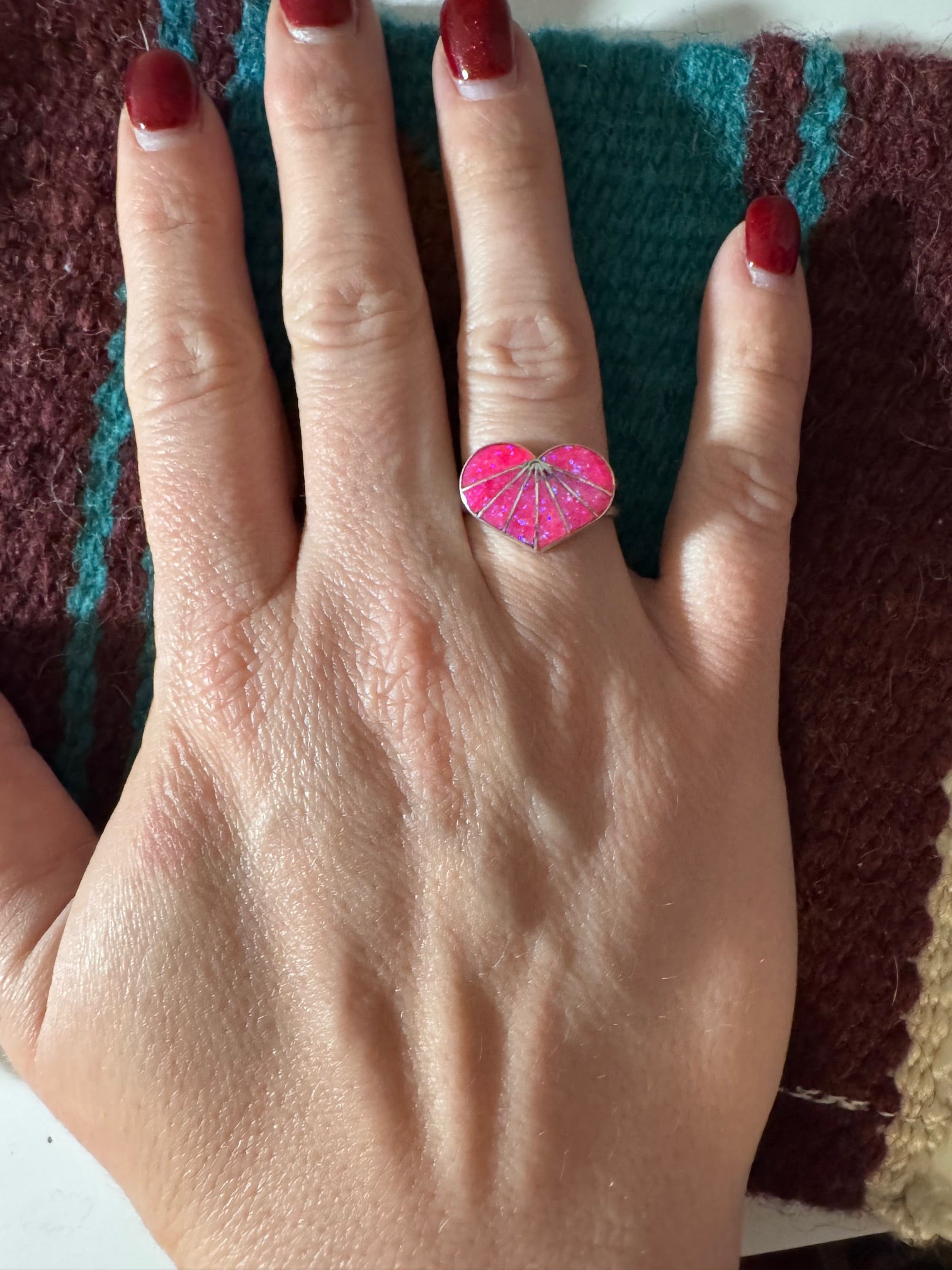 Handcrafted Sterling Silver & Hot Pink Fire Opal Inlay Heart Ring size 8.5
