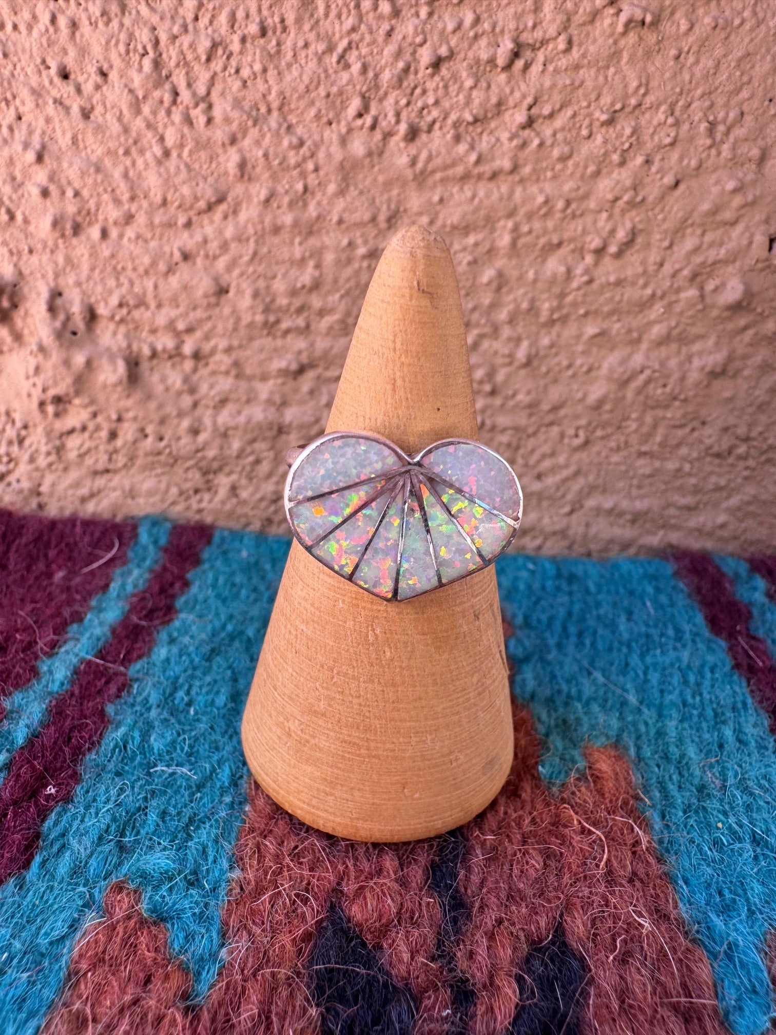 Handcrafted Sterling Silver & White Fire Opal Inlay Heart Ring