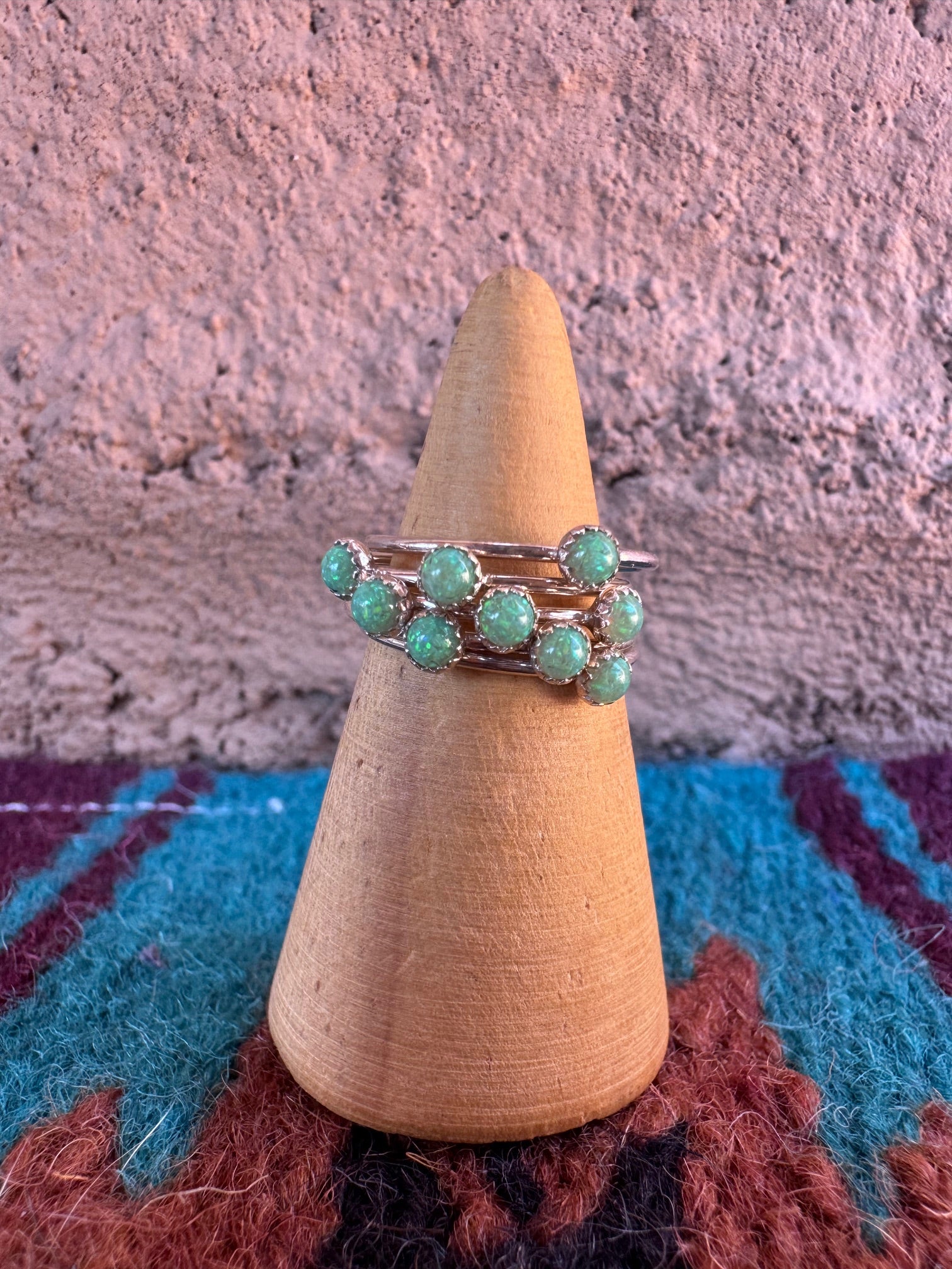 Handcrafted Sterling Silver & Green Fire Opal 5 Stacker Ring size 5