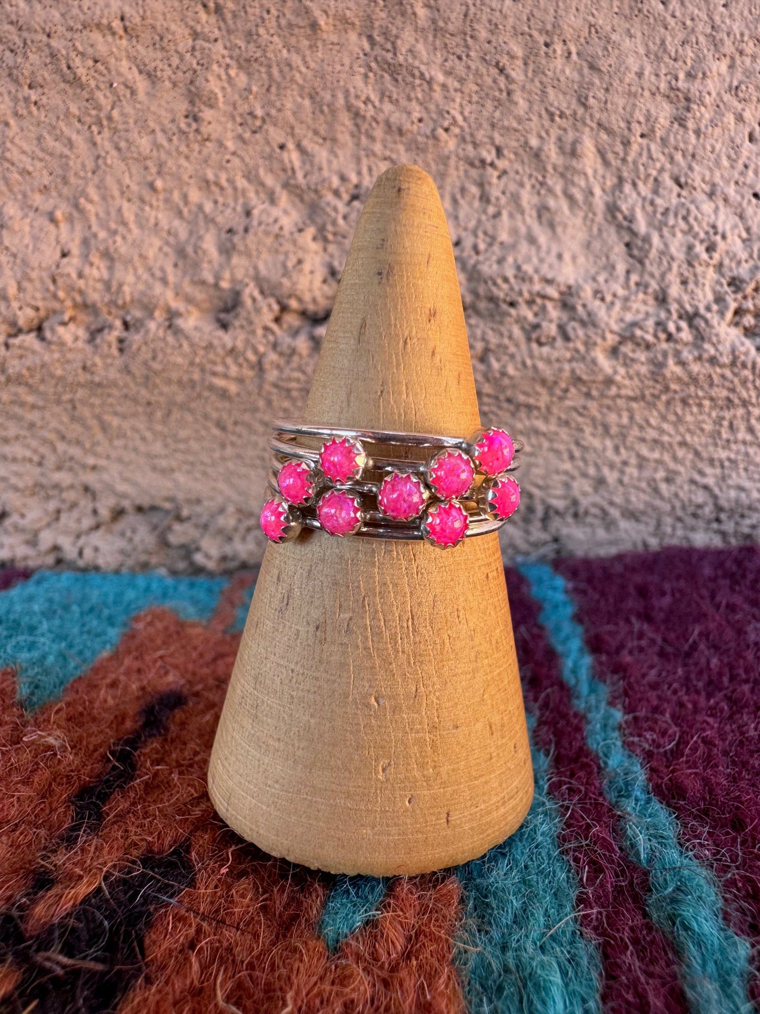 Handcrafted Sterling Silver & Hot Pink Fire Opal 5 Stacker Ring Size 7.5