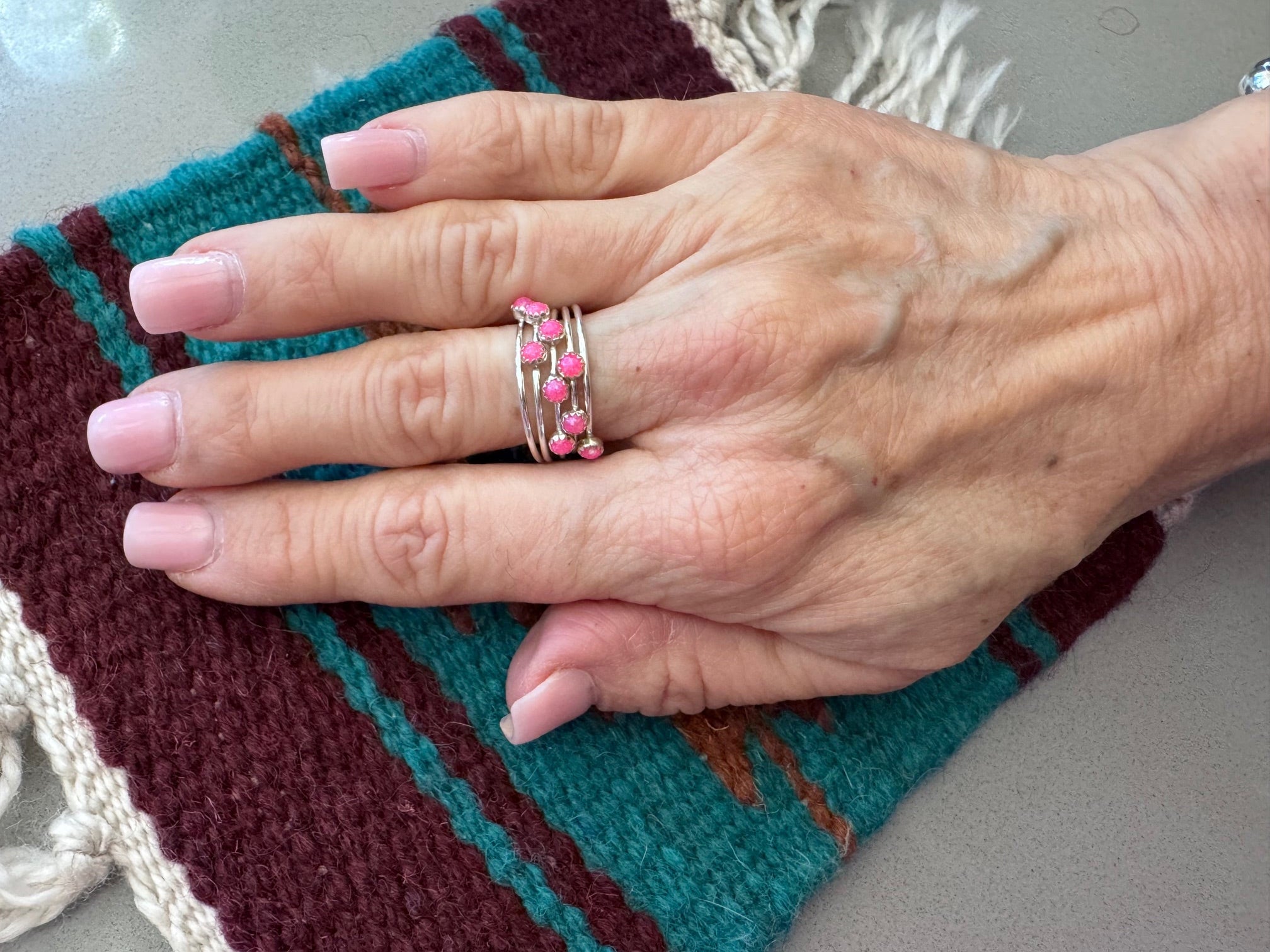 Handcrafted Sterling Silver & Hot Pink Fire Opal 5 Stacker Ring Size 7.5