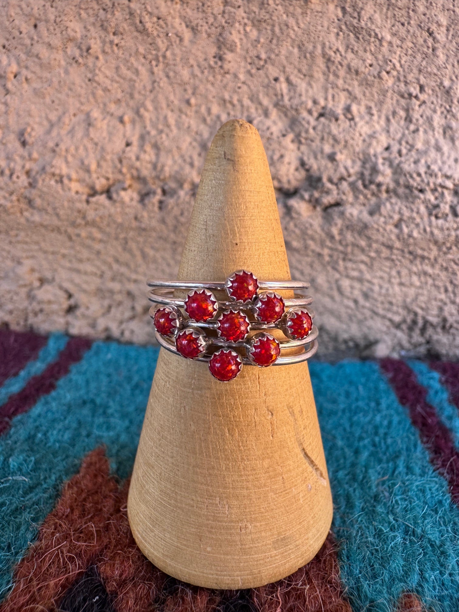 Handcrafted Sterling Silver & Red Fire Opal 5 Stacker Ring Size 7