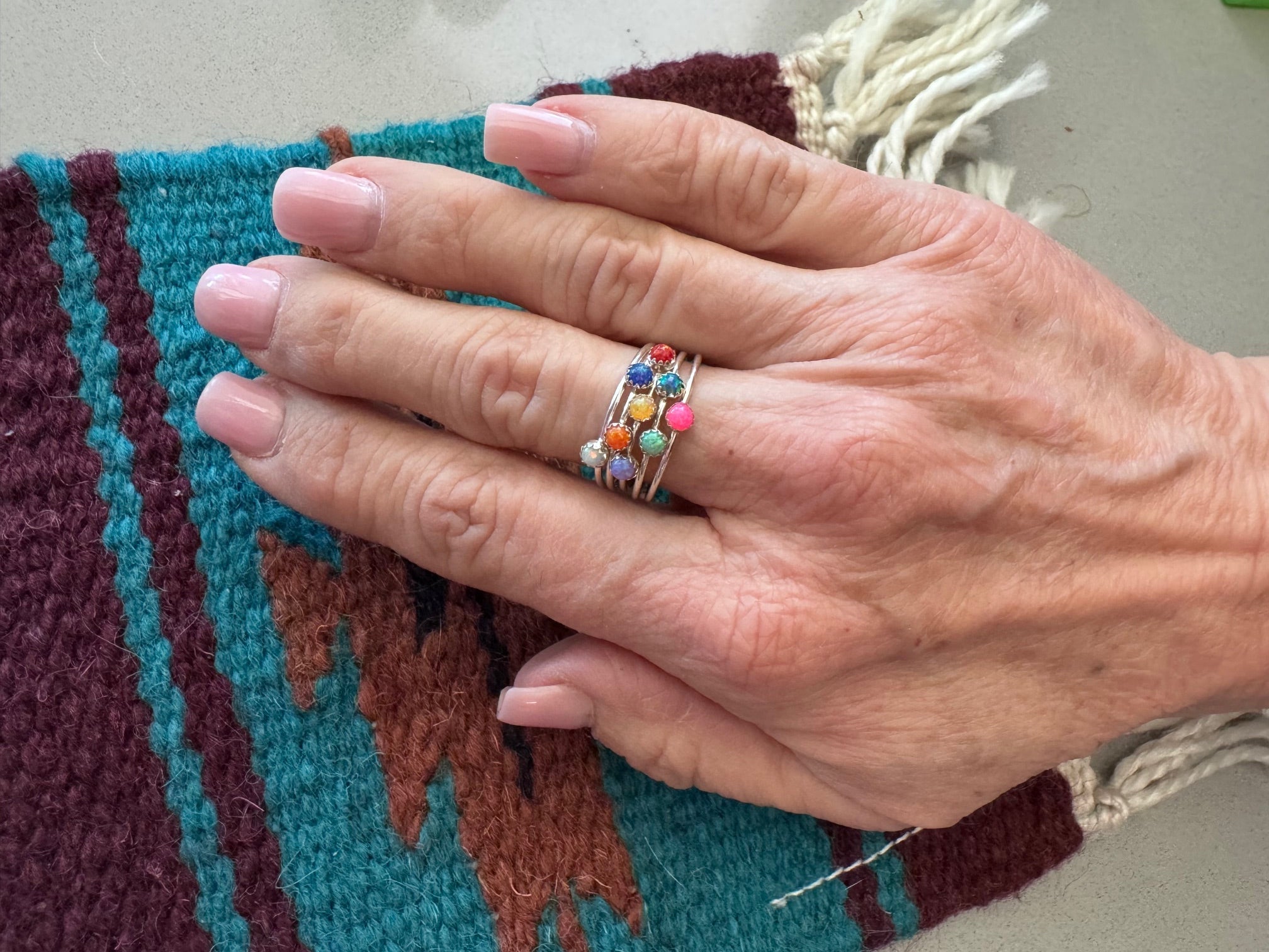 Handcrafted Sterling Silver & Multi Colored Fire Opal 5 Stacker Ring Size 7