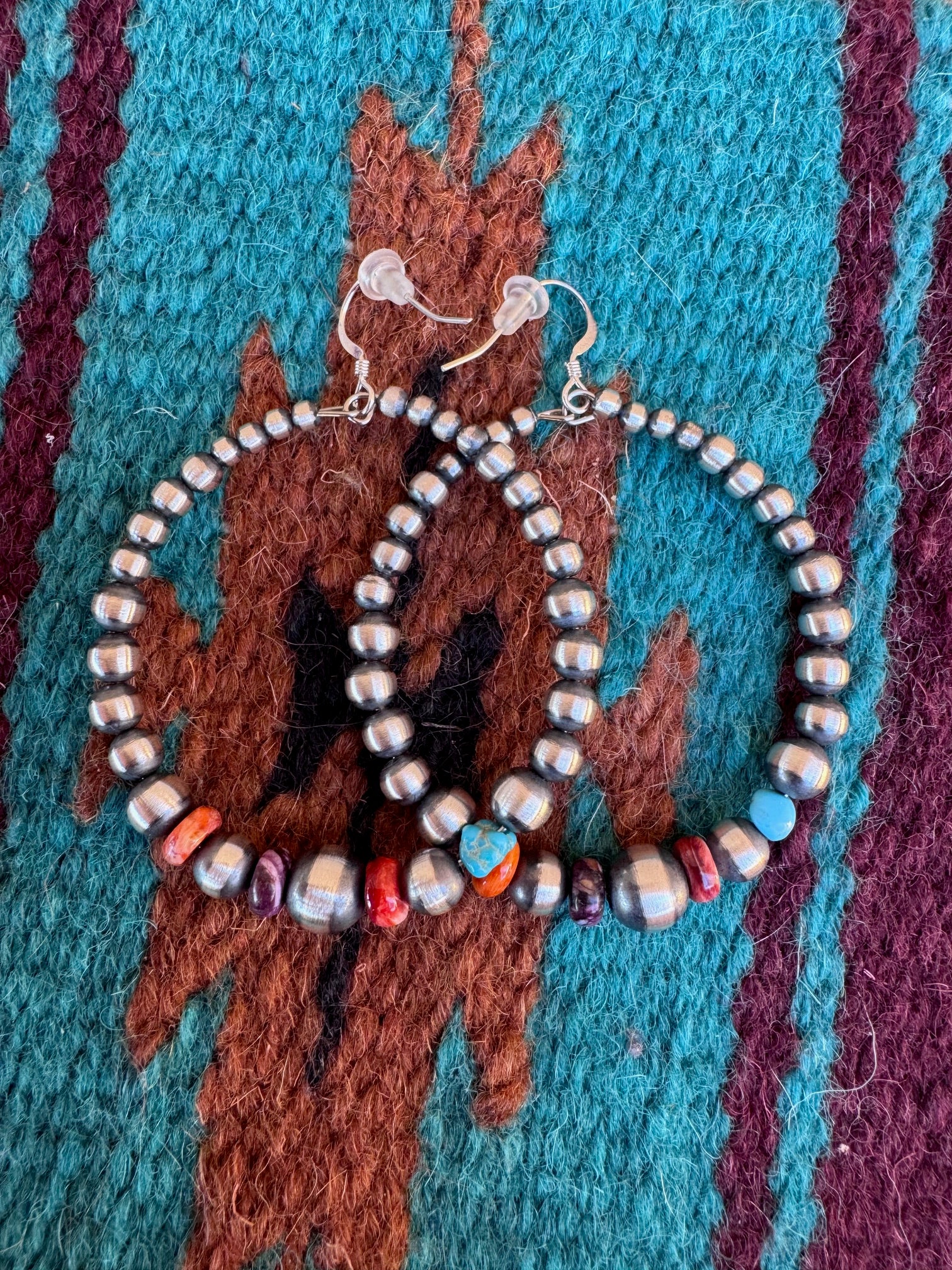 Handcrafted Spiny Oyster, Turquoise & Sterling Silver Beaded Dangle Hoop Earrings