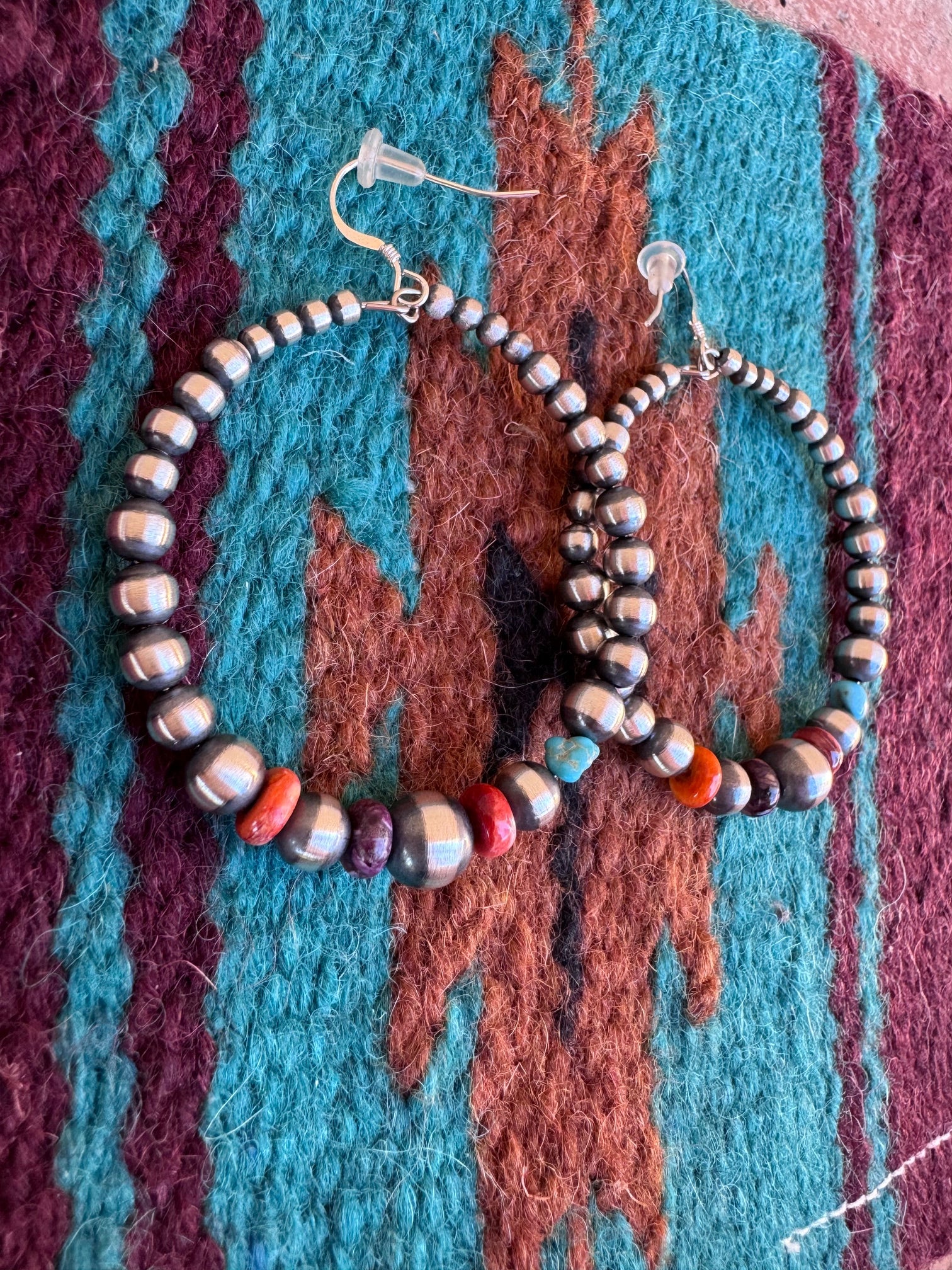 Handcrafted Spiny Oyster, Turquoise & Sterling Silver Beaded Dangle Hoop Earrings