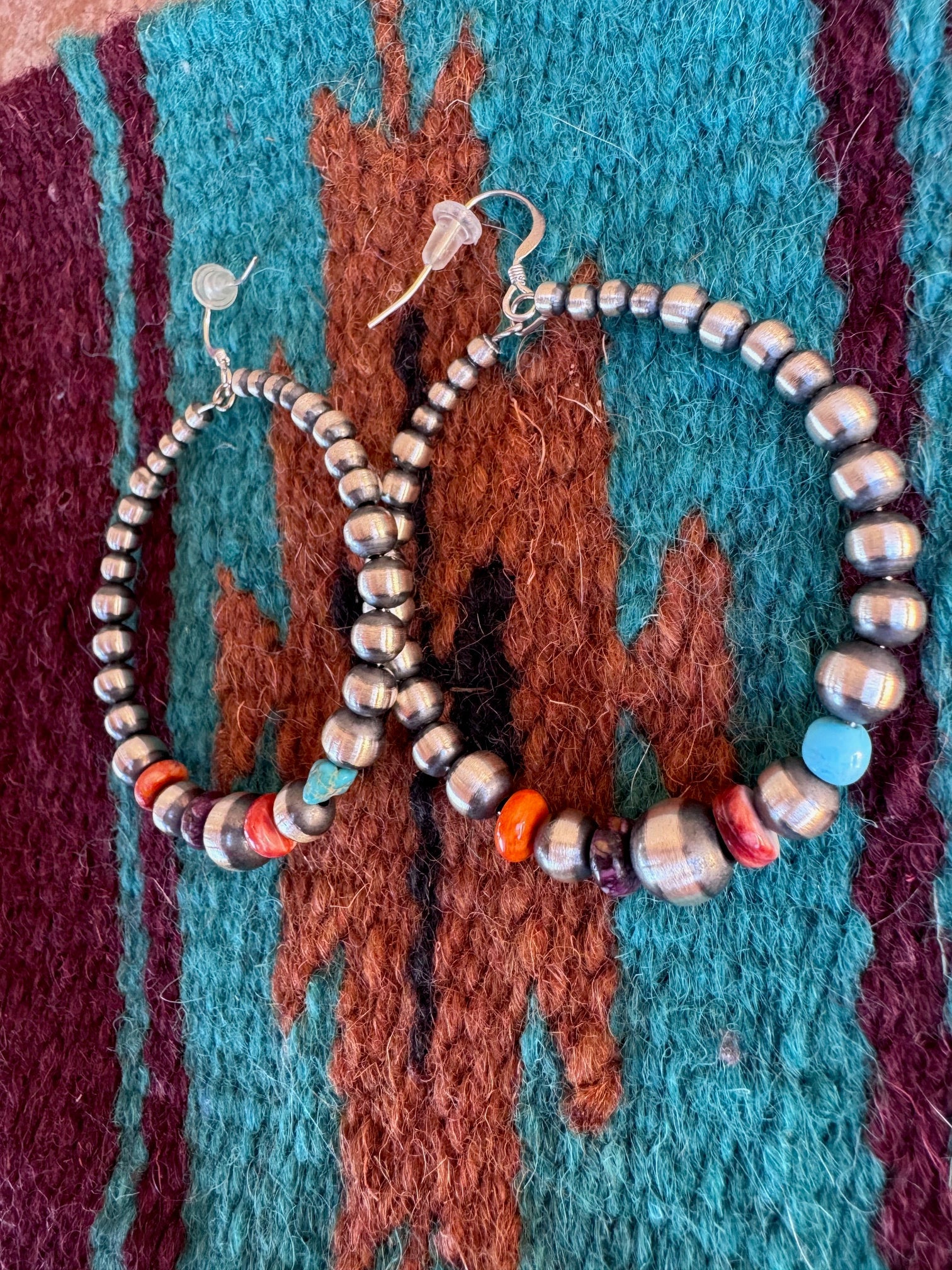 Handcrafted Spiny Oyster, Turquoise & Sterling Silver Beaded Dangle Hoop Earrings