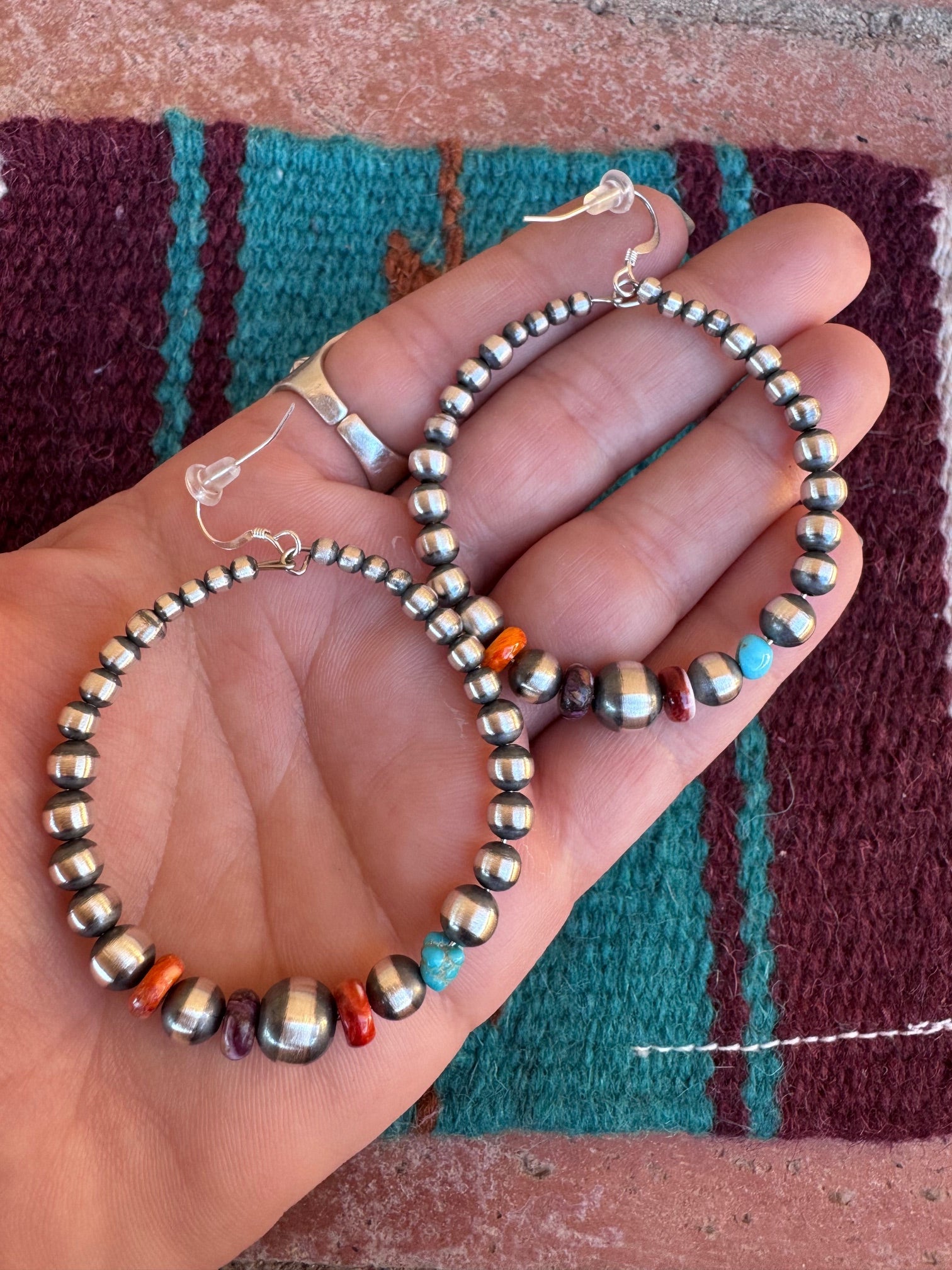 Handcrafted Spiny Oyster, Turquoise & Sterling Silver Beaded Dangle Hoop Earrings