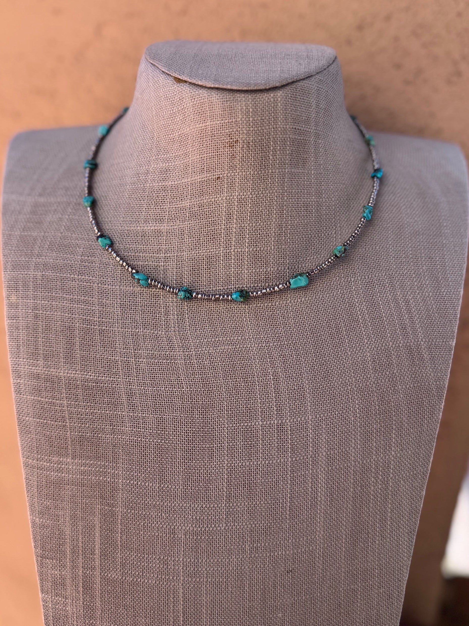Handmade Sterling Silver & Natural Turquoise Seed Beaded Choker Necklace 14"