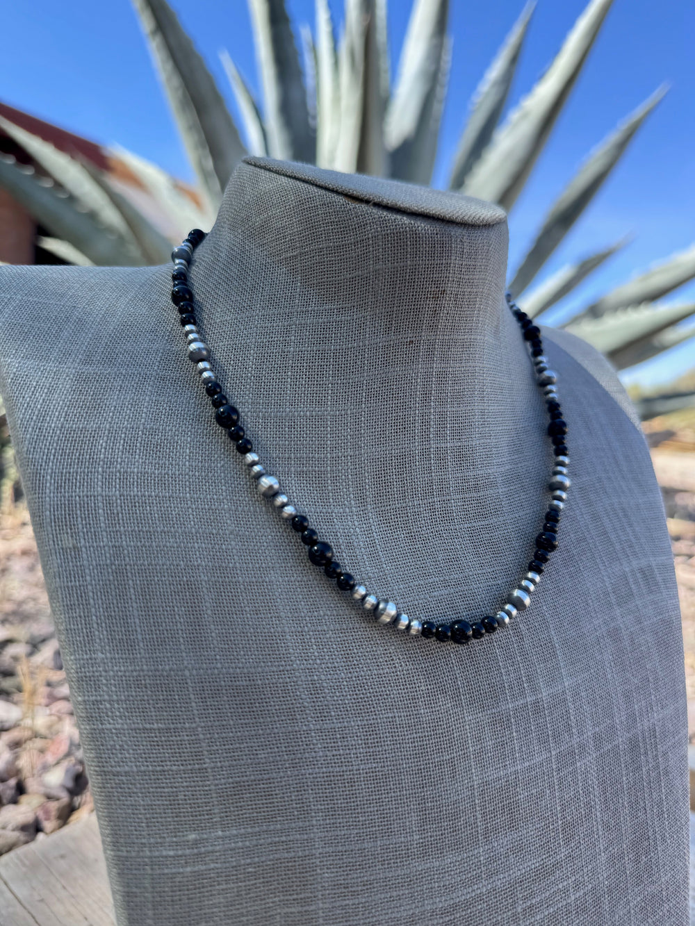 Handcrafted Sterling Silver Pearl & Black Onyx 4-6mm Beaded 18” Necklace