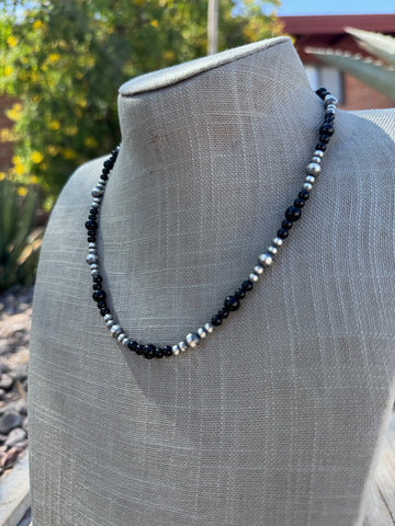 Handcrafted Sterling Silver Pearl & Black Onyx 4-6mm Beaded 18” Necklace