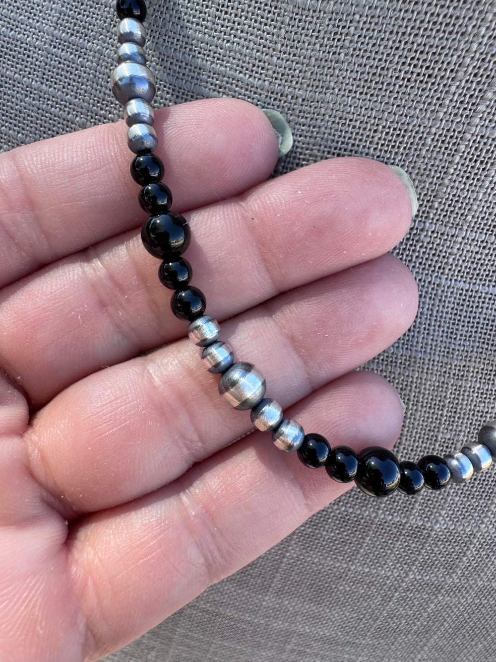 Handcrafted Sterling Silver Pearl & Black Onyx 4-6mm Beaded 18” Necklace