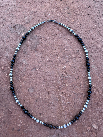 Handcrafted Sterling Silver Pearl & Black Onyx 4-6mm Beaded 18” Necklace