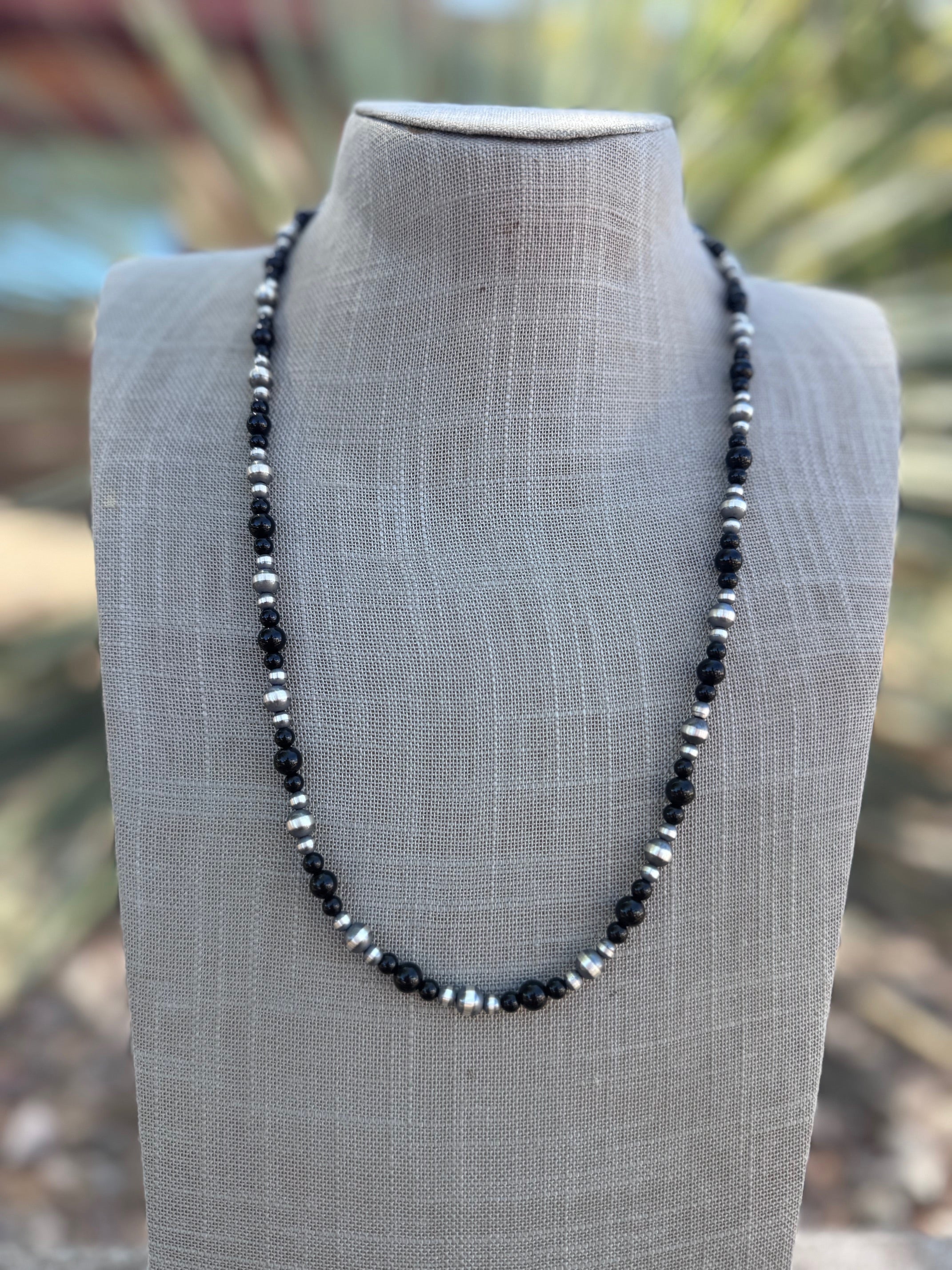 Handcrafted Sterling Silver Pearl & Black Onyx 4-6mm Beaded 24” Necklace