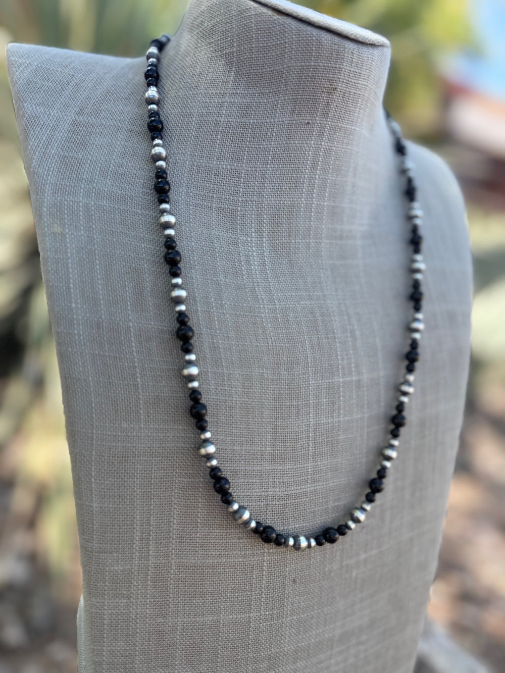 Handcrafted Sterling Silver Pearl & Black Onyx 4-6mm Beaded 24” Necklace