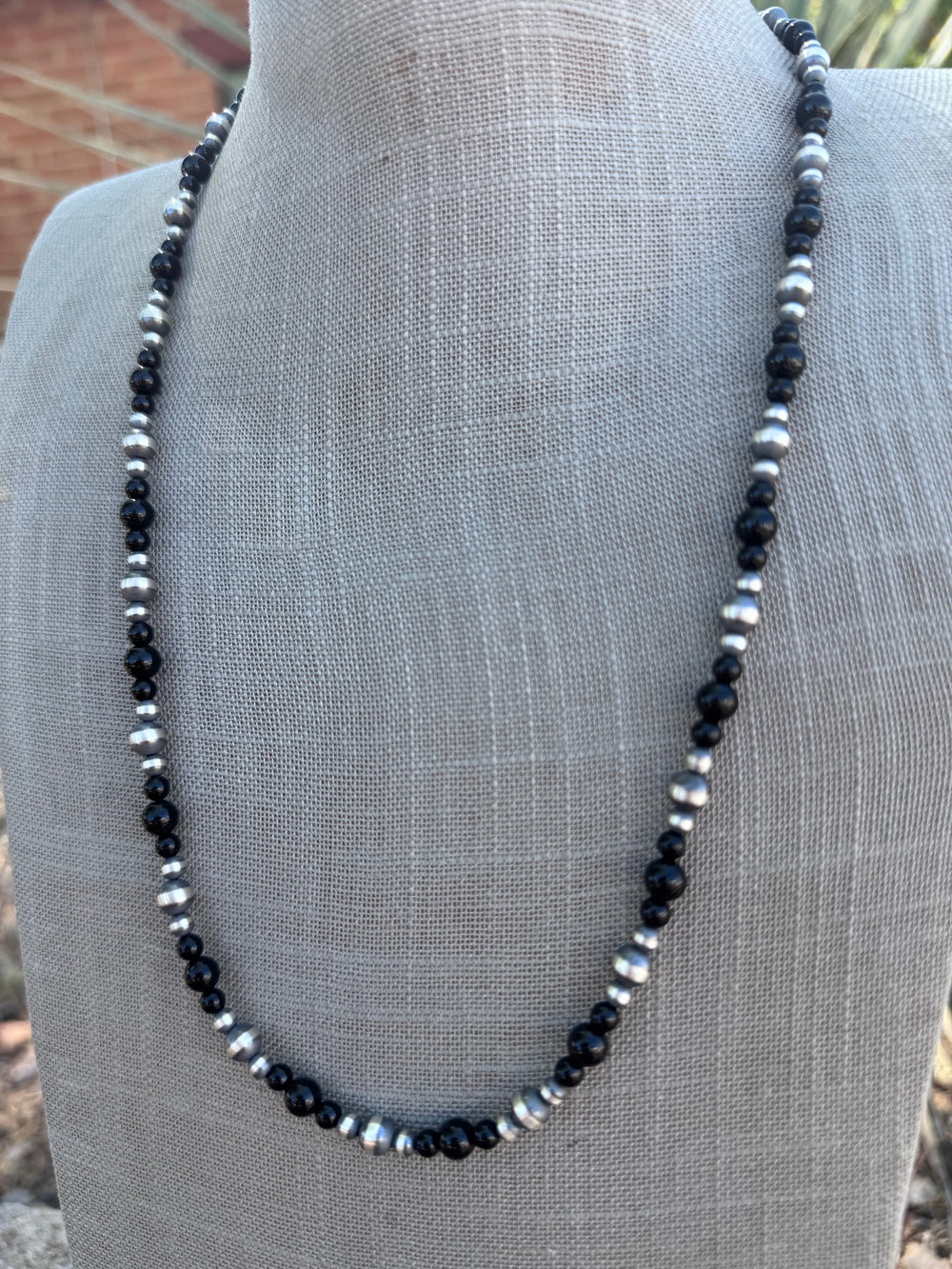 Handcrafted Sterling Silver Pearl & Black Onyx 4-6mm Beaded 24” Necklace