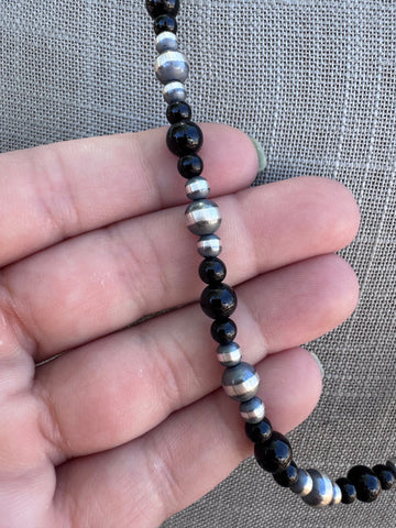 Handcrafted Sterling Silver Pearl & Black Onyx 4-6mm Beaded 24” Necklace