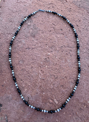 Handcrafted Sterling Silver Pearl & Black Onyx 4-6mm Beaded 24” Necklace