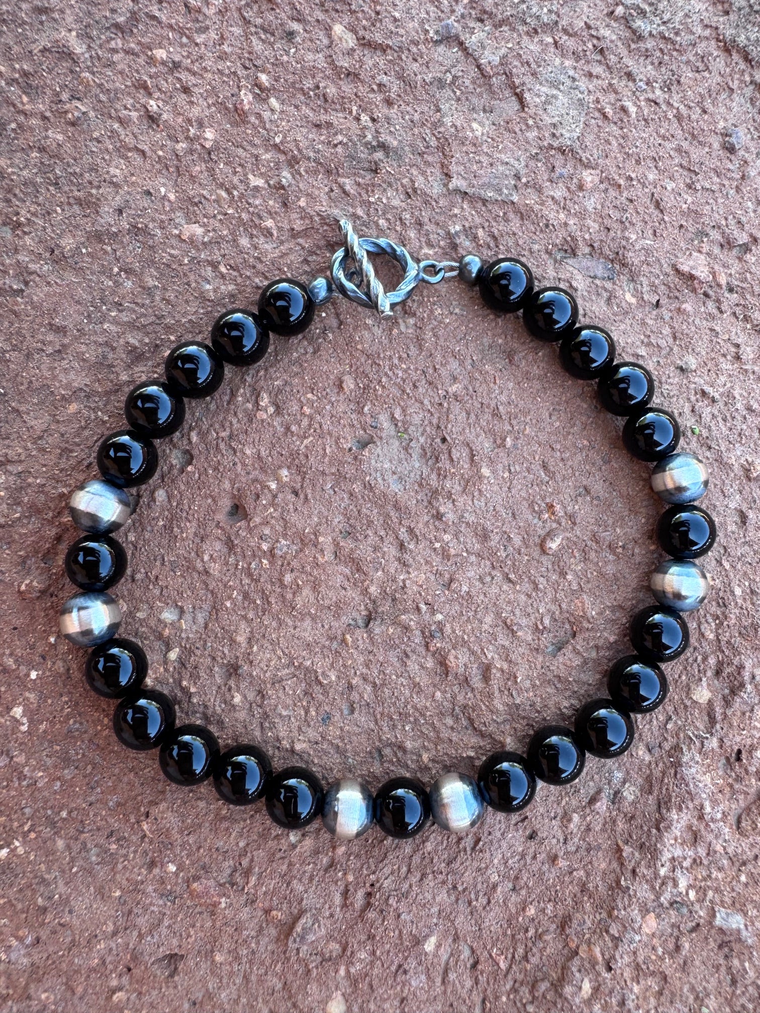 Handcrafted Sterling Silver Pearl & Black Onyx 6mm Beaded Bracelet 7.5"