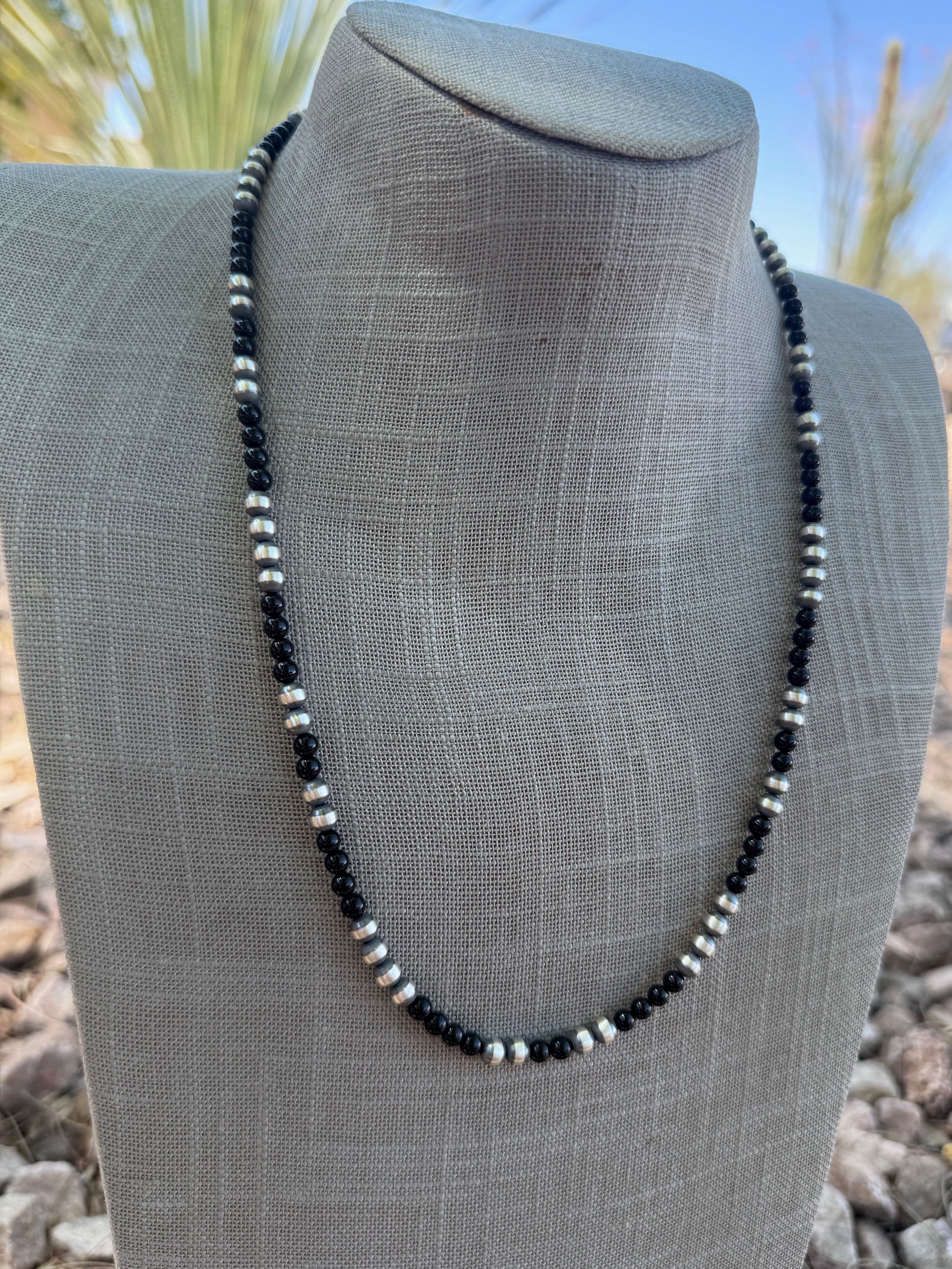 Handcrafted Sterling Silver Pearl & Black Onyx 5mm Beaded 22" Necklace
