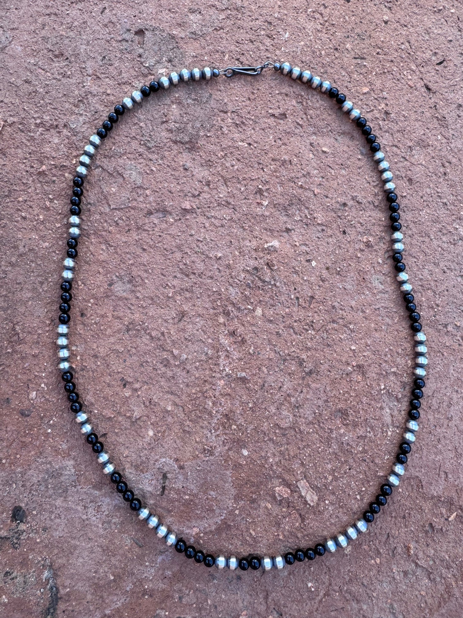 Handcrafted Sterling Silver Pearl & Black Onyx 5mm Beaded 22" Necklace