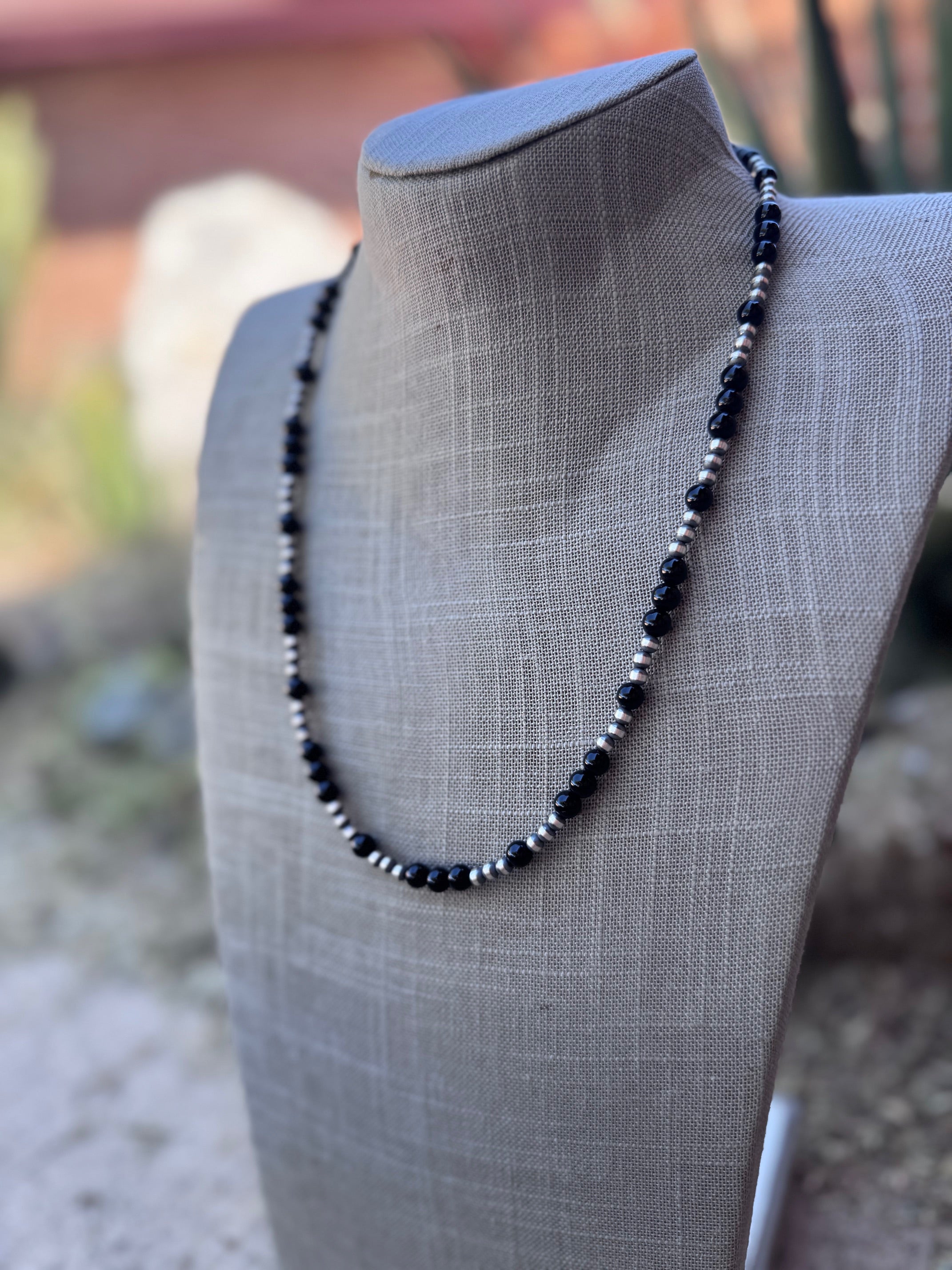 Handcrafted Sterling Silver Pearl & Black Onyx 4-6mm Beaded 22" Necklace