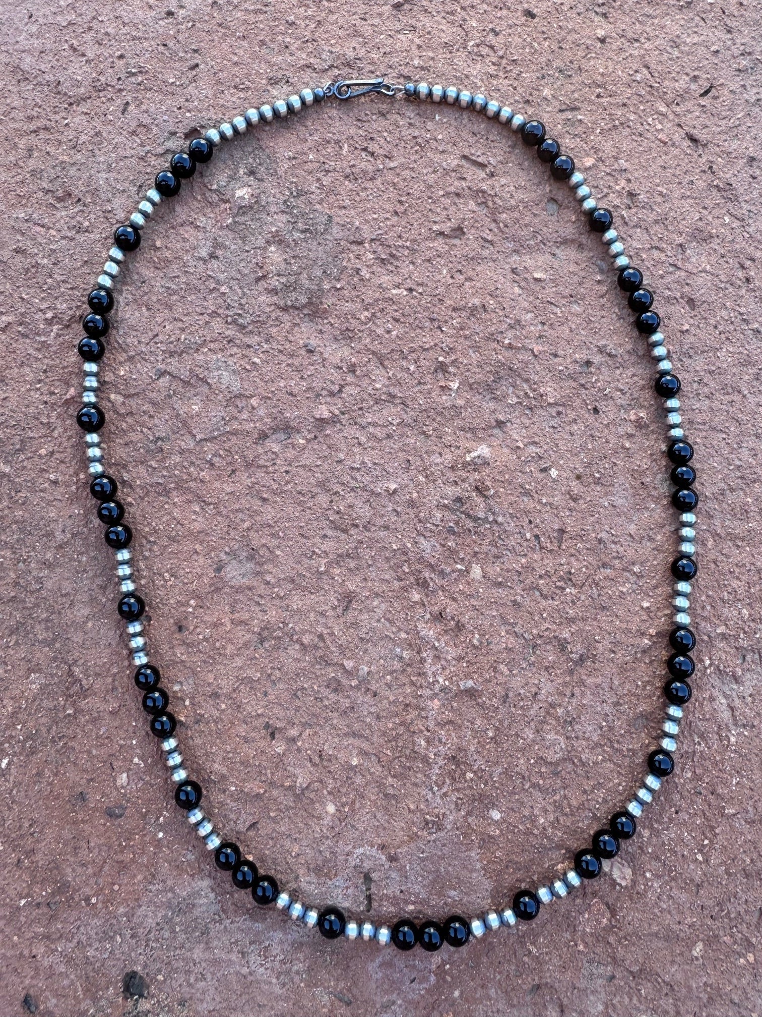 Handcrafted Sterling Silver Pearl & Black Onyx 4-6mm Beaded 22" Necklace