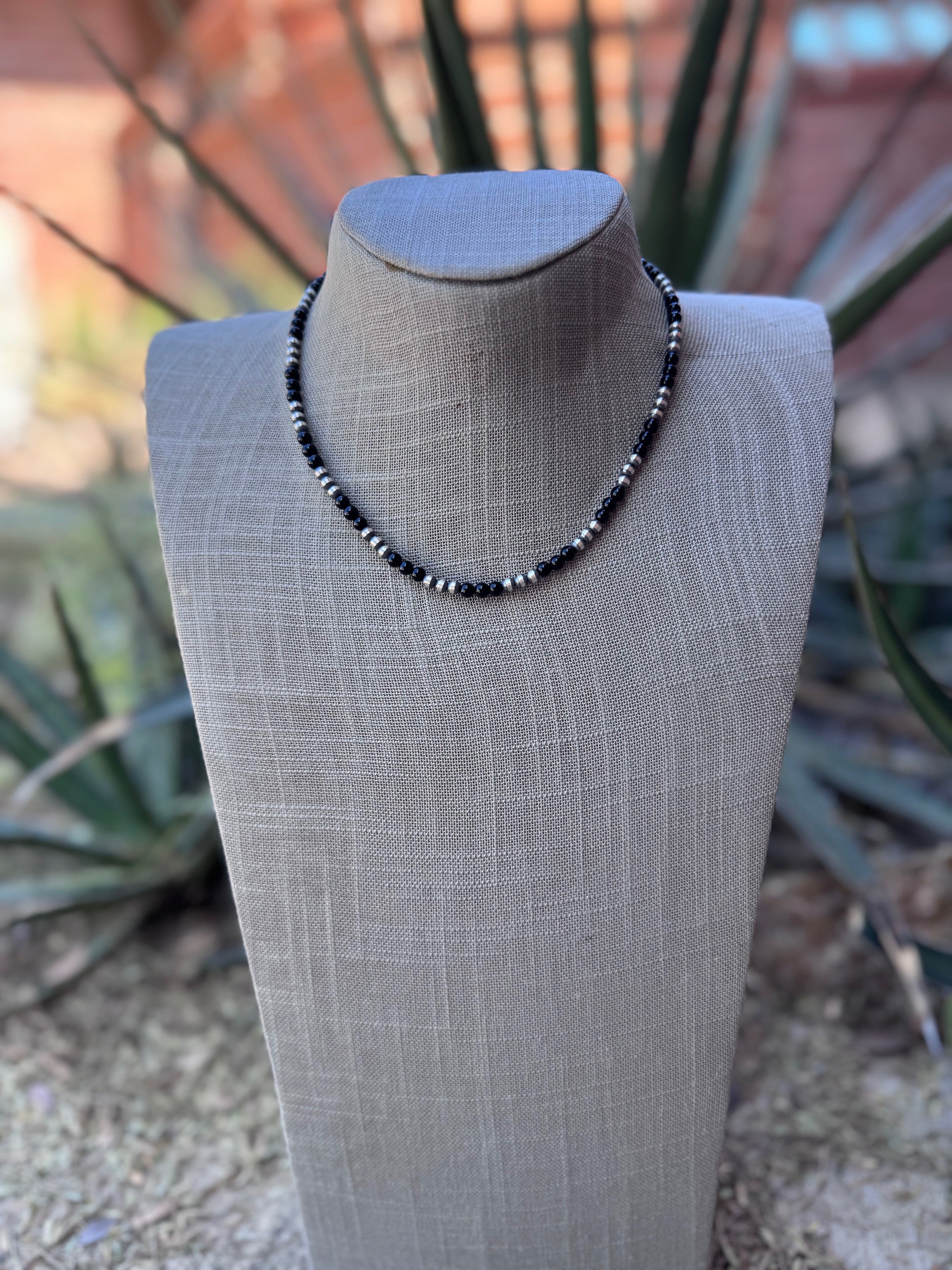 Handcrafted Sterling Silver Pearl & Black Onyx 4mm Beaded 16" Necklace