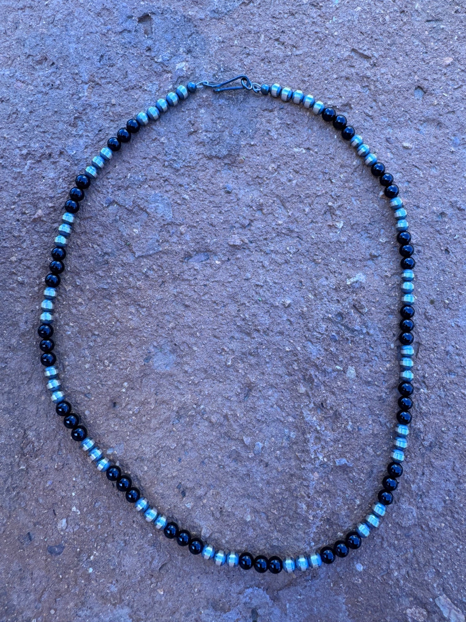 Handcrafted Sterling Silver Pearl & Black Onyx 4mm Beaded 16" Necklace