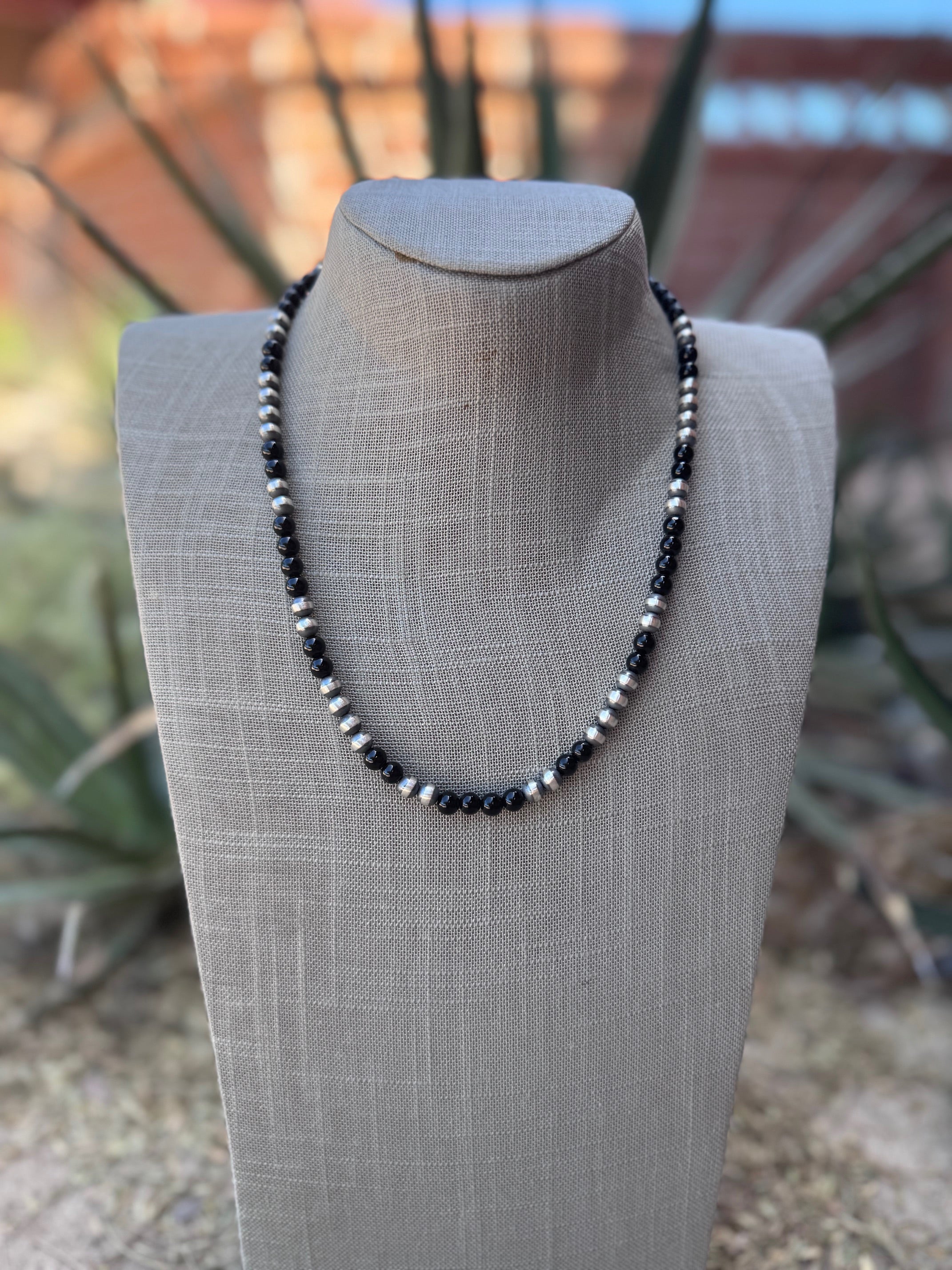 Handcrafted Sterling Silver Pearl & Black Onyx 6mm Beaded 20" Necklace