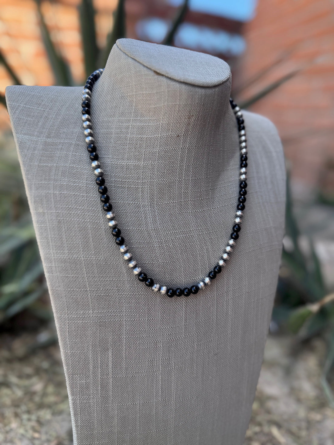 Handcrafted Sterling Silver Pearl & Black Onyx 6mm Beaded 20" Necklace