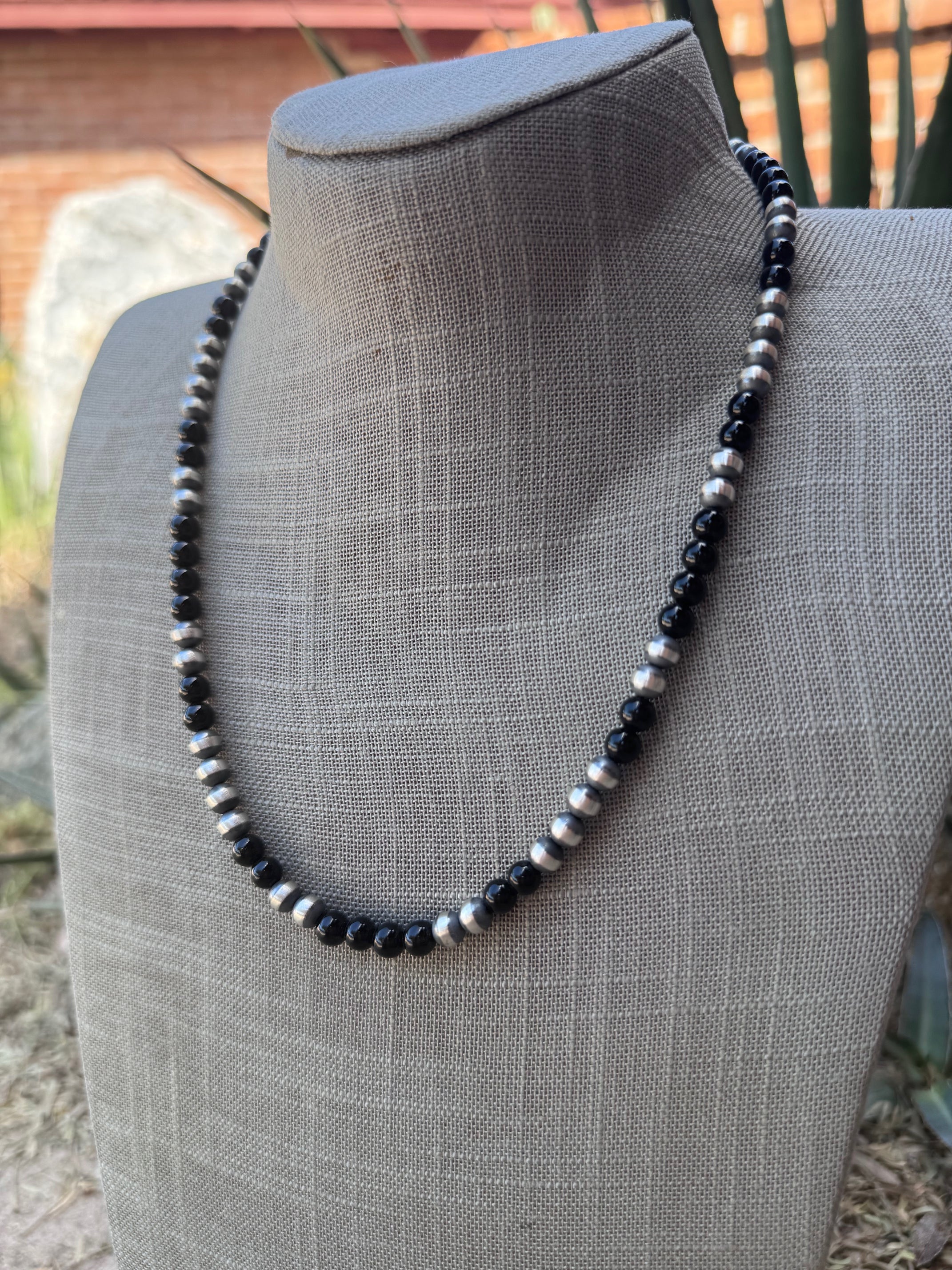 Handcrafted Sterling Silver Pearl & Black Onyx 6mm Beaded 20" Necklace