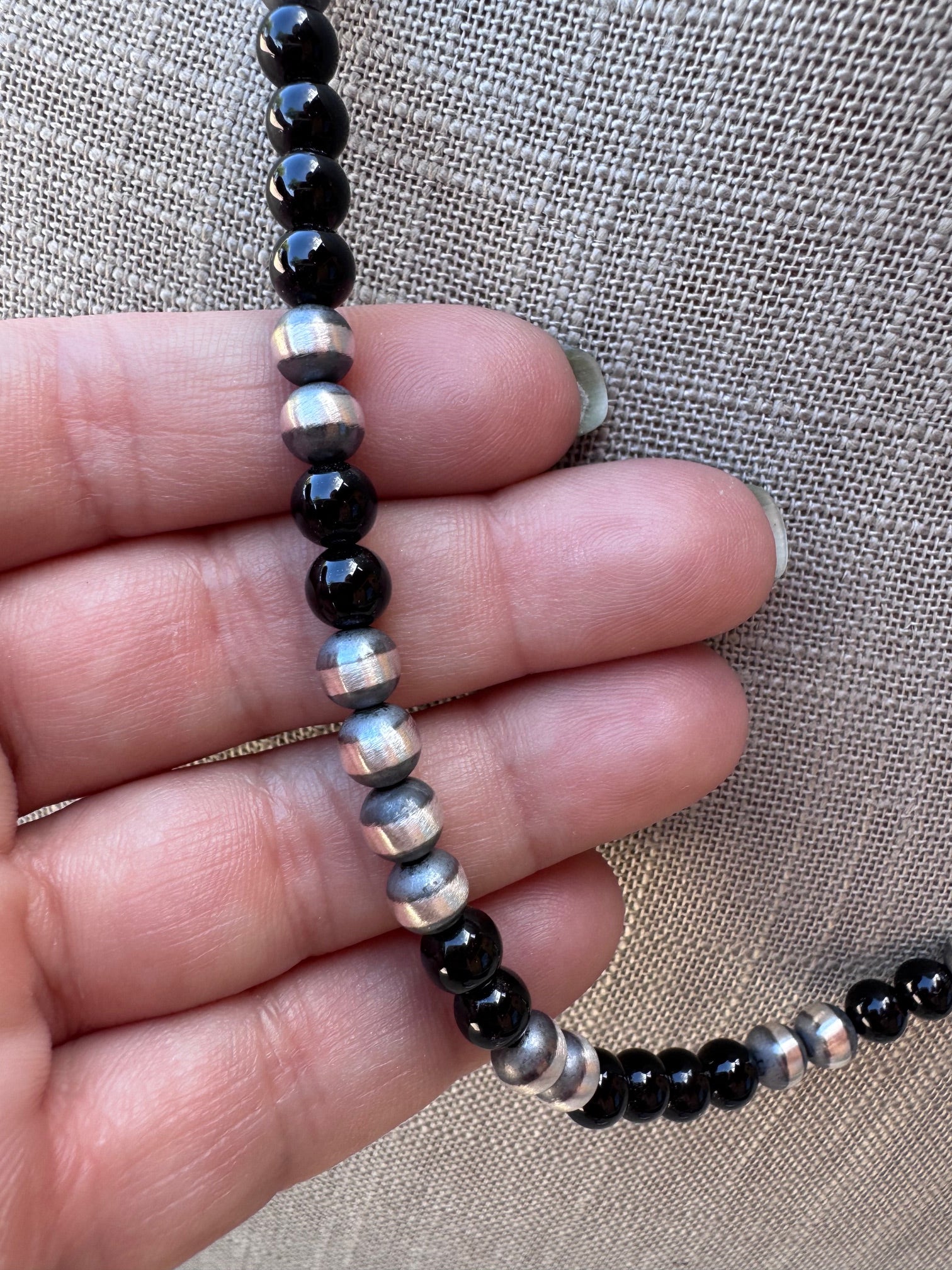 Handcrafted Sterling Silver Pearl & Black Onyx 6mm Beaded 20" Necklace
