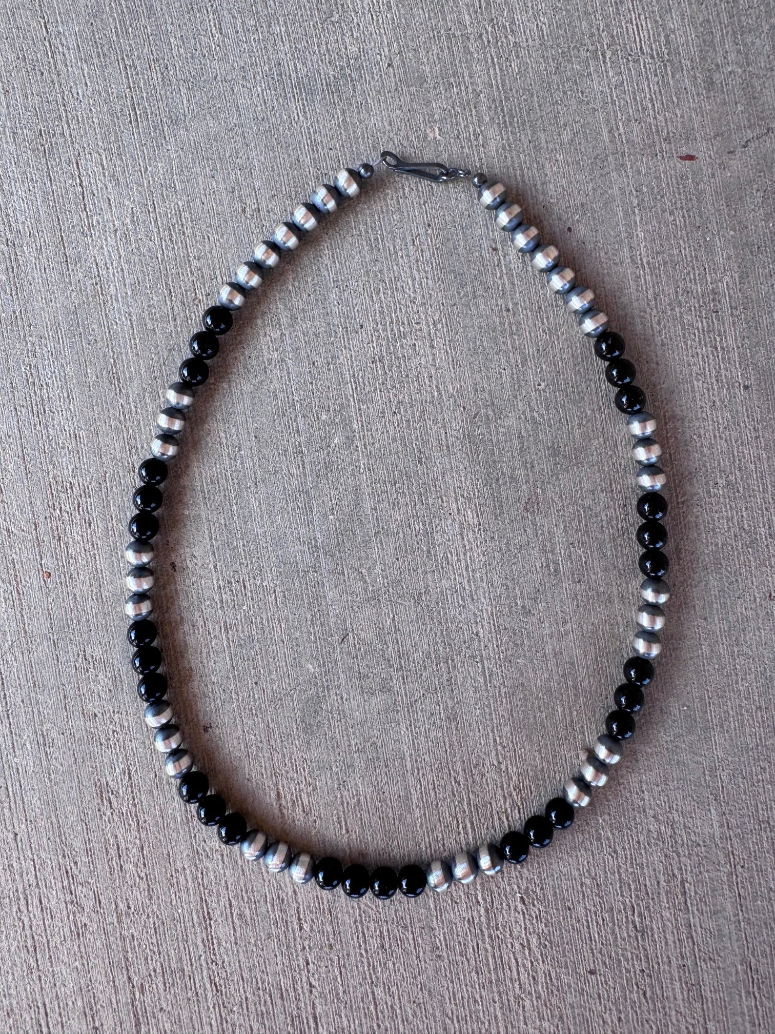Handcrafted Sterling Silver Pearl & Black Onyx 6mm Beaded 16" Necklace