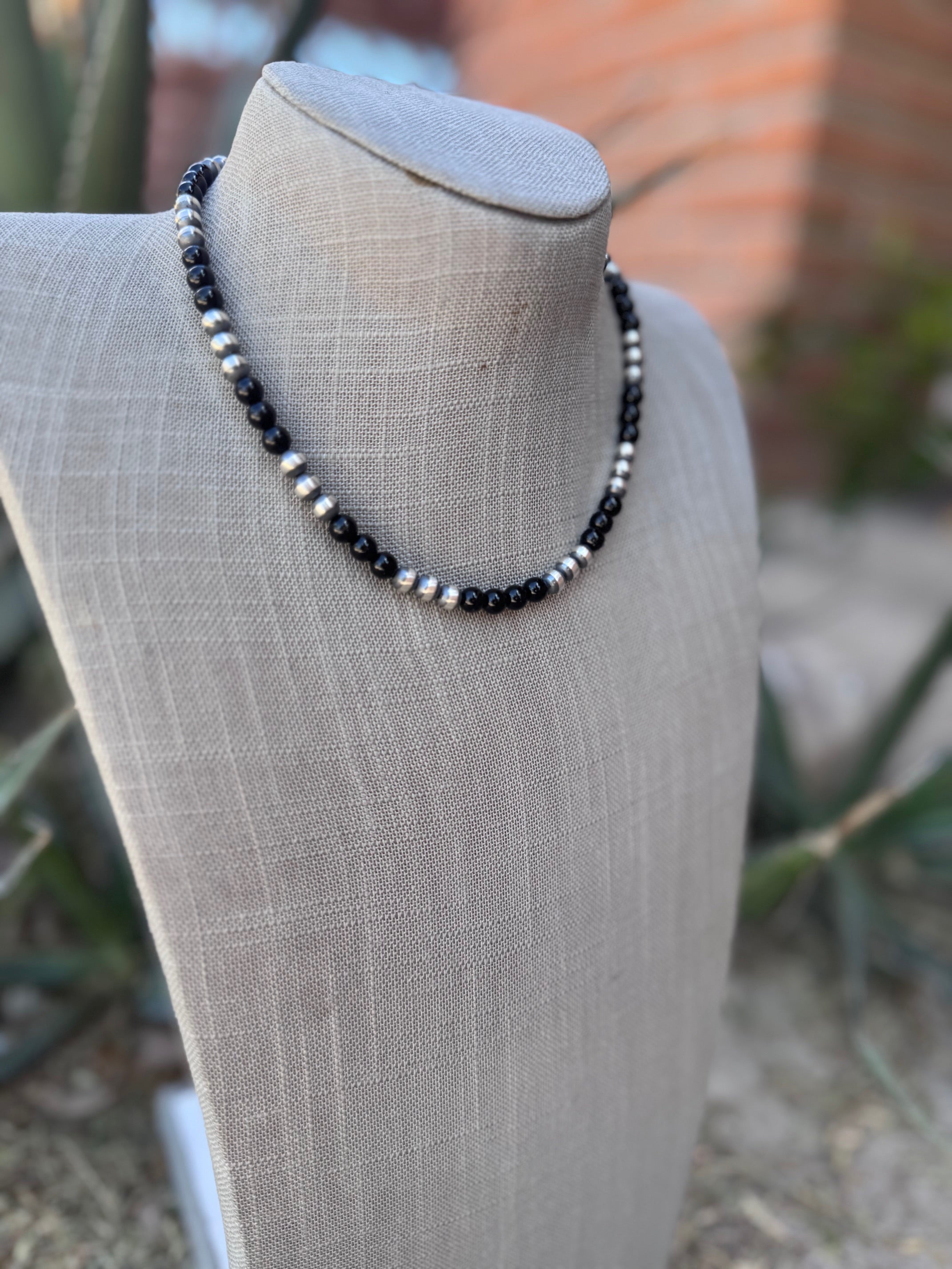 Handcrafted Sterling Silver Pearl & Black Onyx 6mm Beaded 16" Necklace