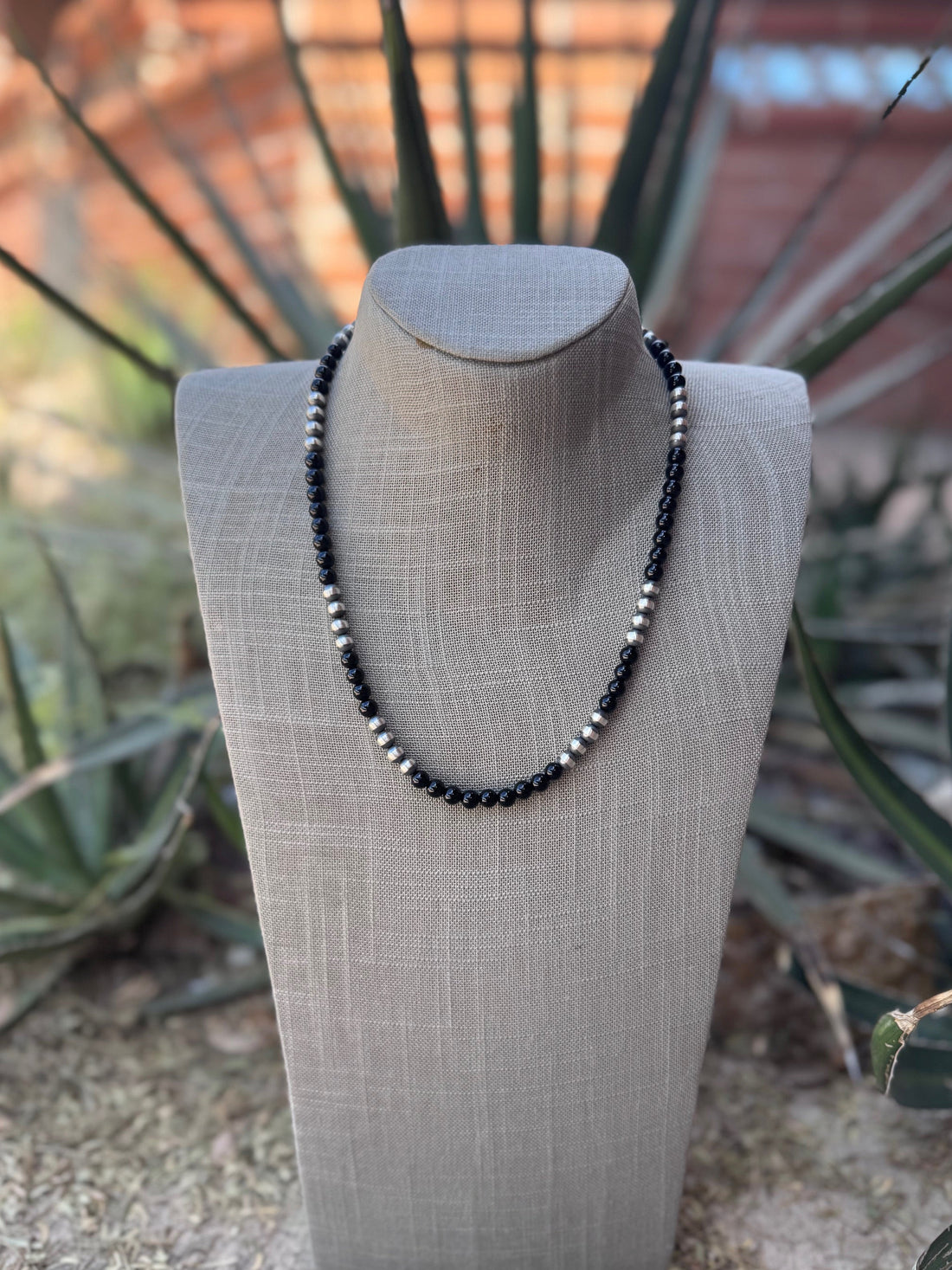 Handcrafted Sterling Silver Pearl & Black Onyx 6mm Beaded 20" Necklace