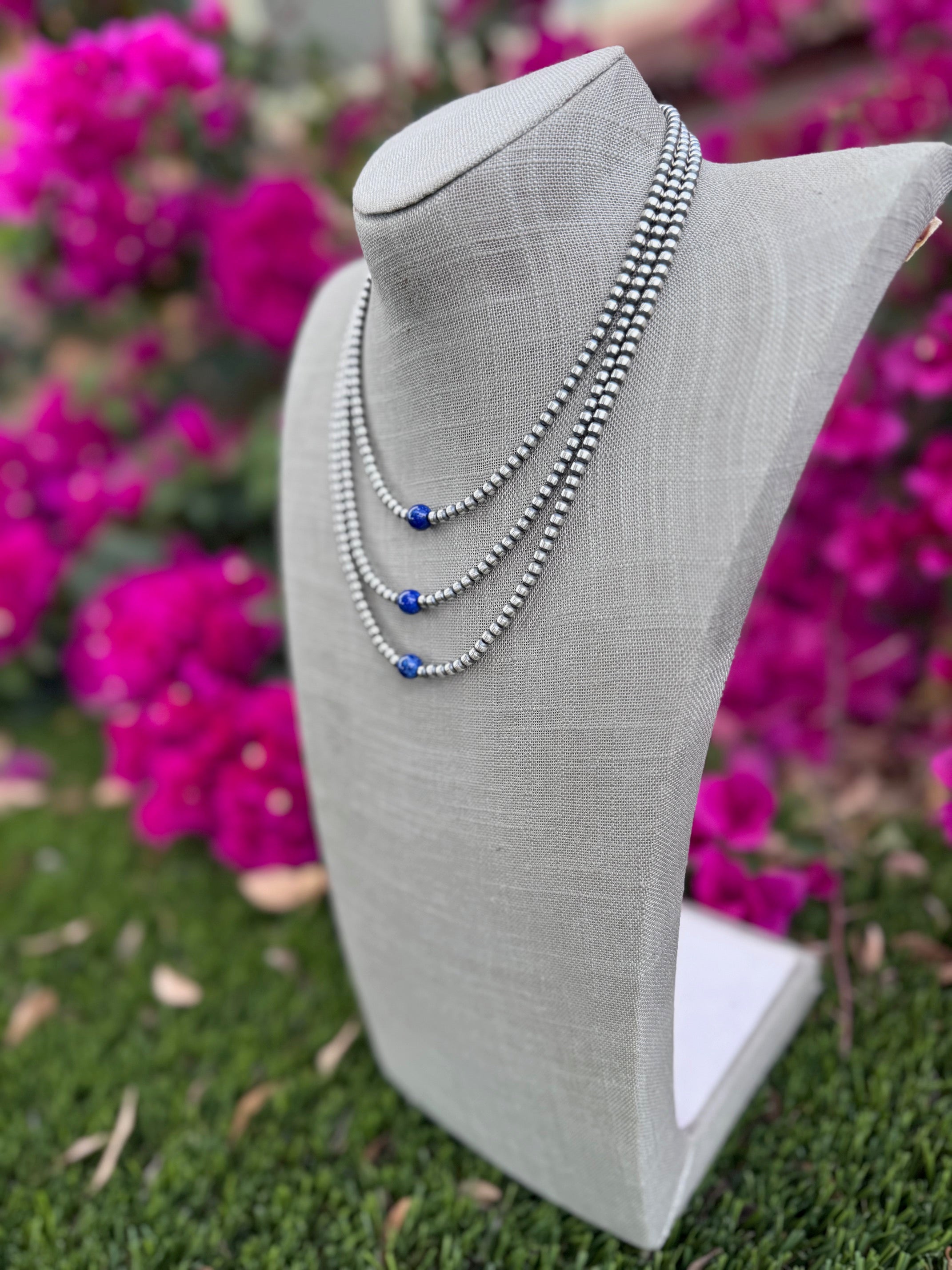 Handcrafted Lapis & Sterling Silver Pearl 4mm Beaded Necklace