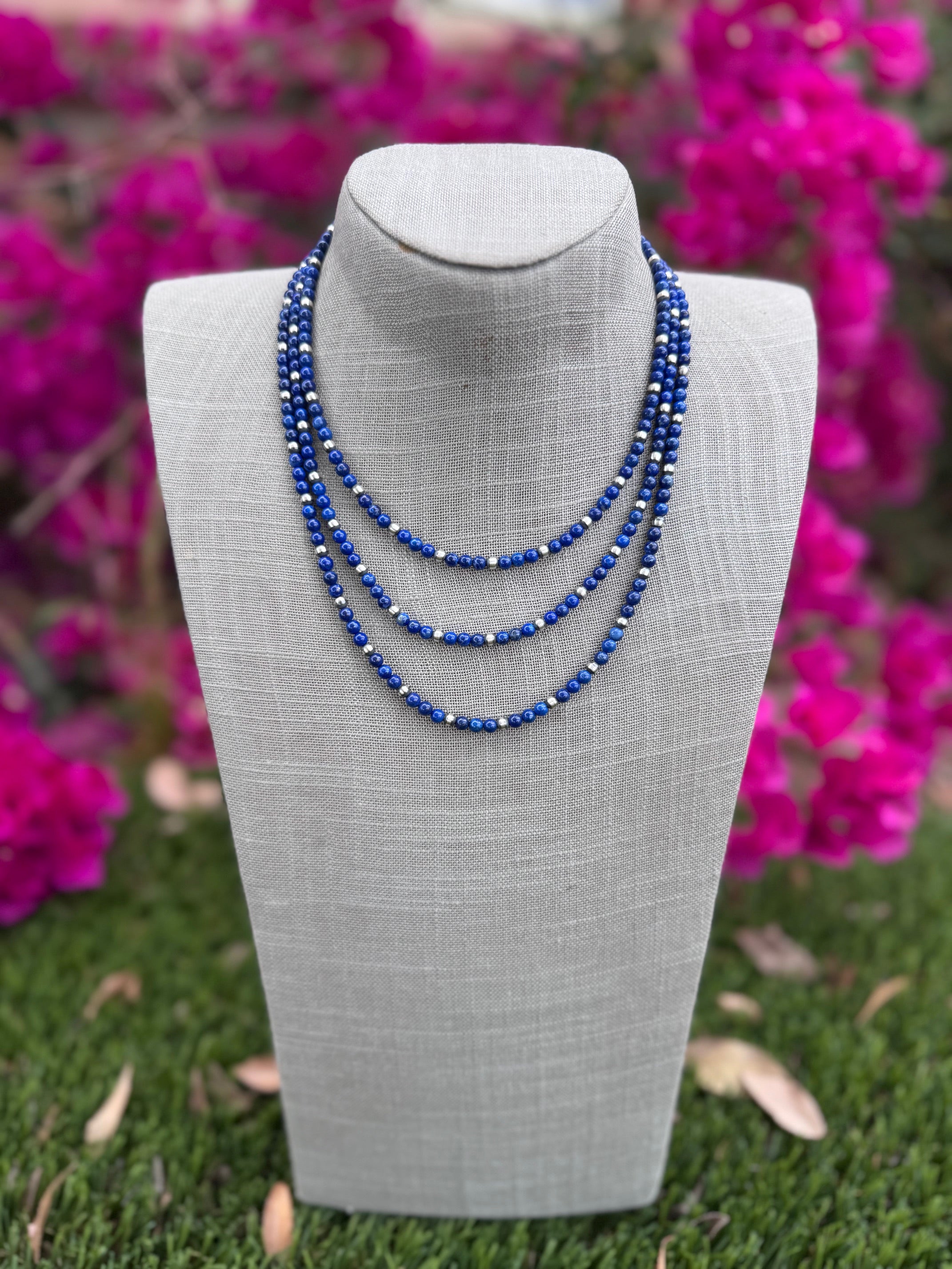 Handcrafted Lapis & Sterling Silver Pearl 4mm Beaded Necklace