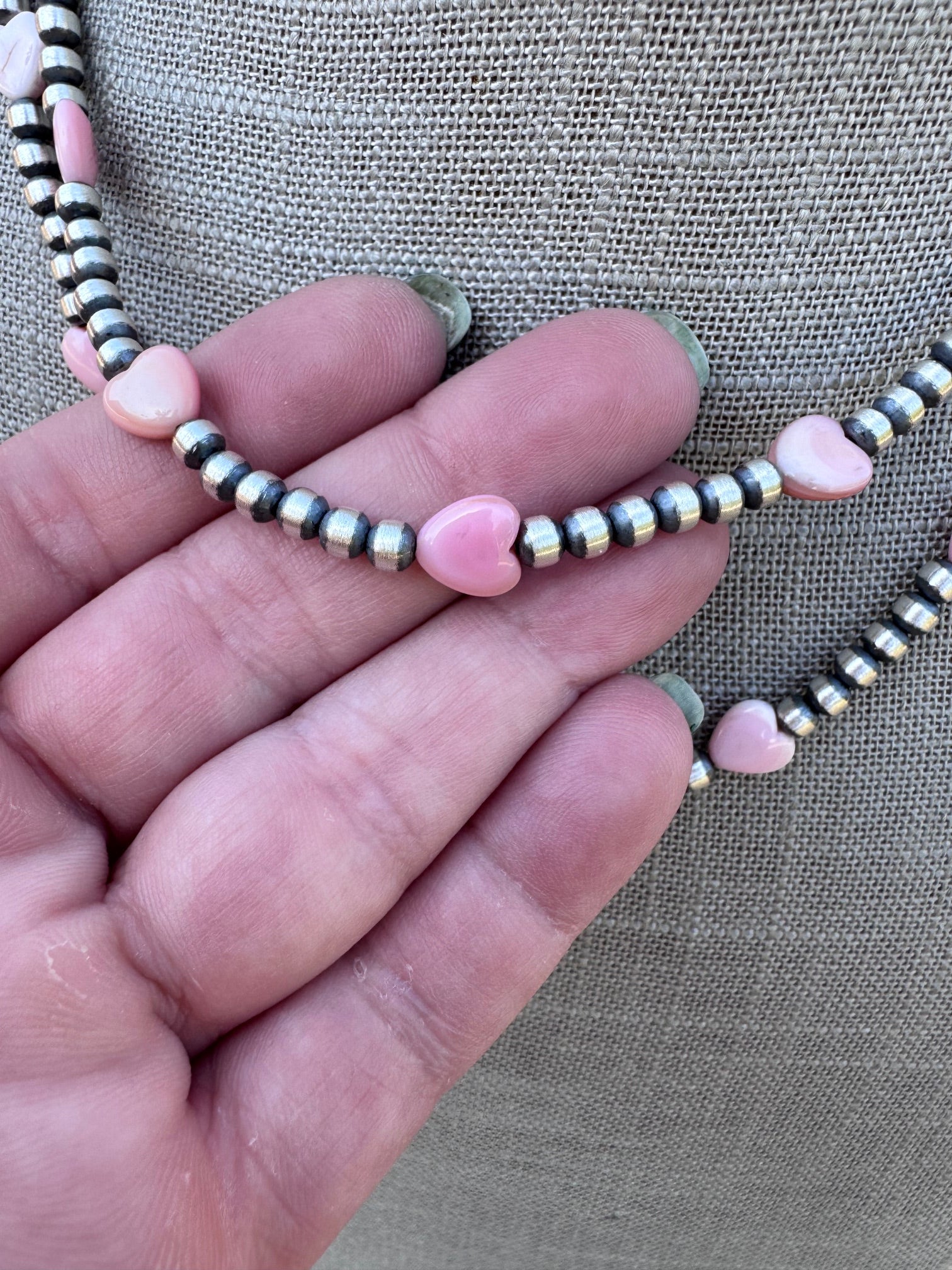 Handcrafted Sterling Silver & Pink Conch Heart 4mm beaded Necklace