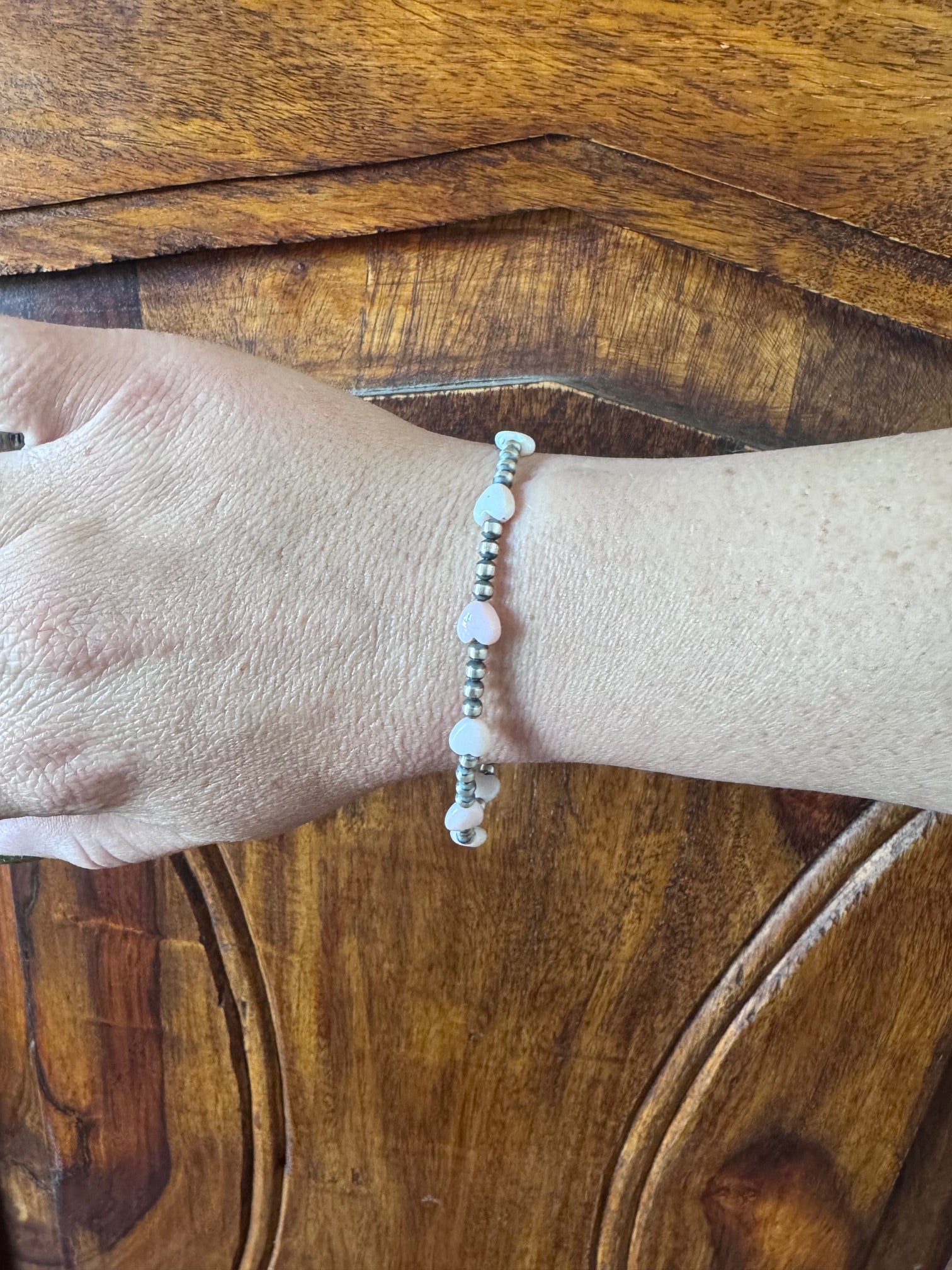 Handmade Sterling Silver and Pink Conch Heart 3mm Beaded Bracelet 7.5"