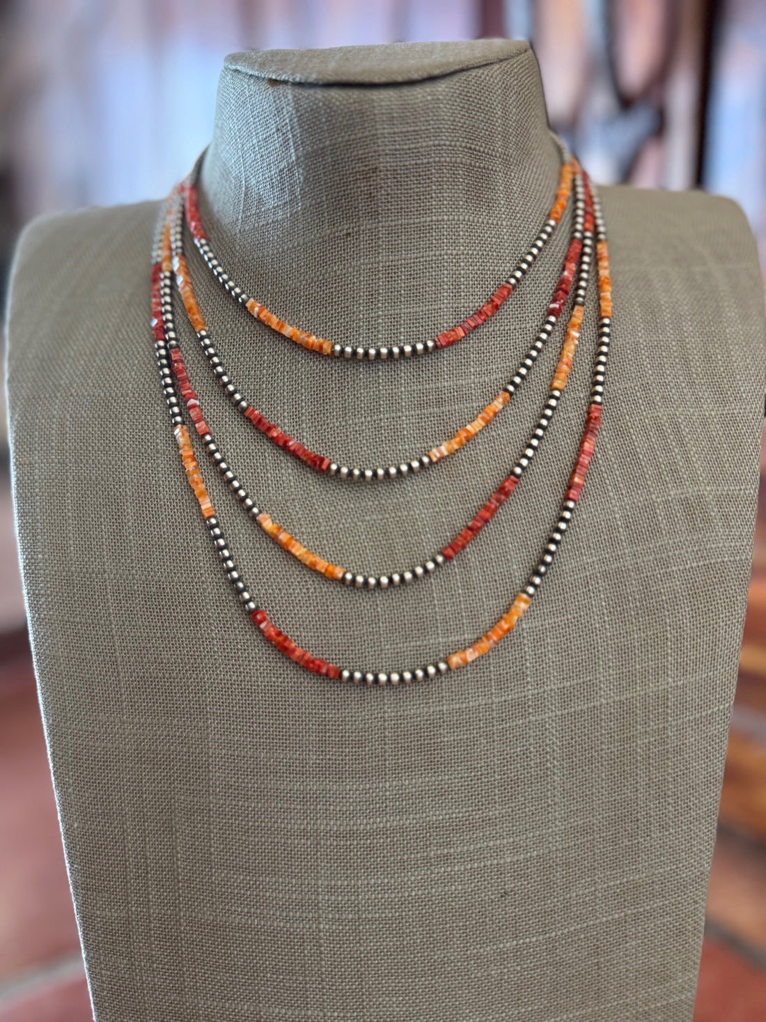 Handcrafted Red Spiny, Orange Spiny & Sterling Silver Pearl 3mm Beaded Necklace