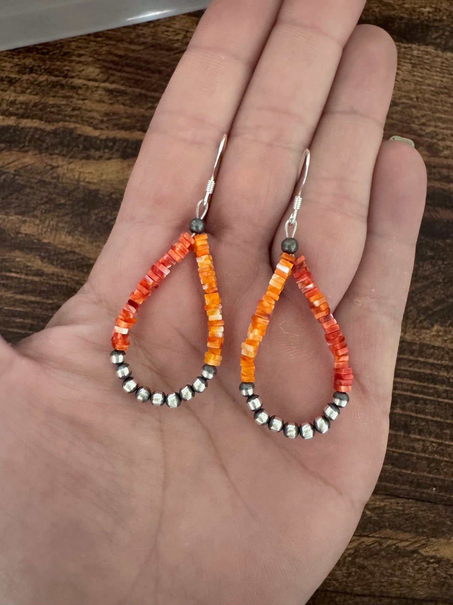Handcrafted Red Spiny, Orange Spiny & Sterling Silver Beaded Dangle Hoop Earrings