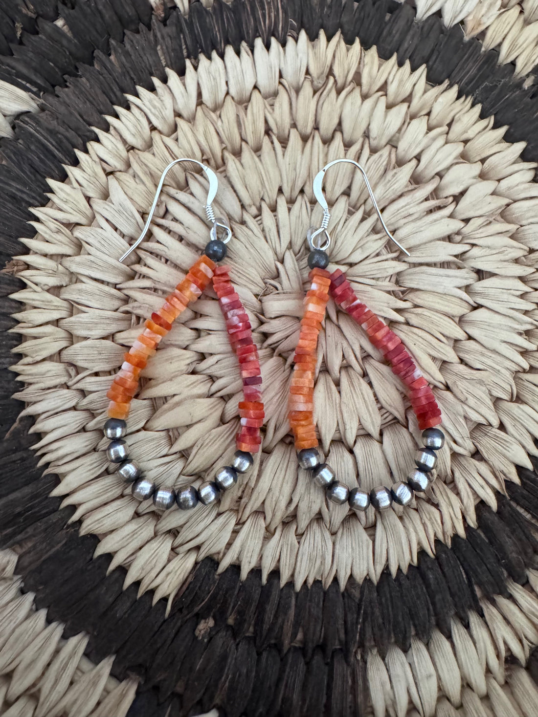Handcrafted Red Spiny, Orange Spiny & Sterling Silver Beaded Dangle Hoop Earrings