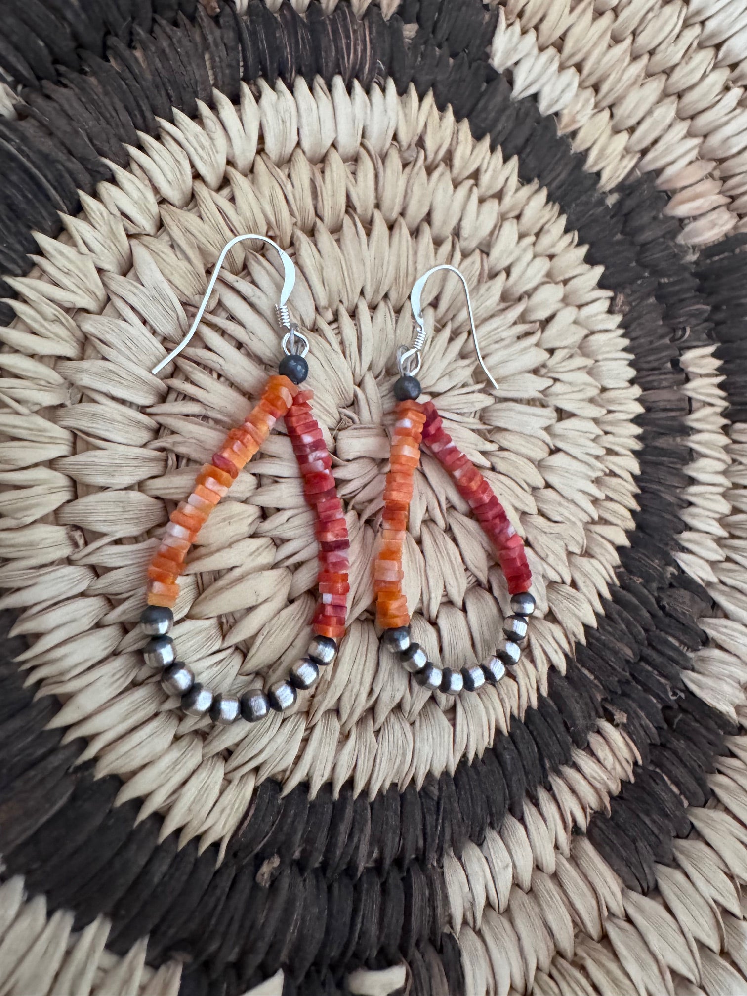 Handcrafted Red Spiny, Orange Spiny & Sterling Silver Beaded Dangle Hoop Earrings