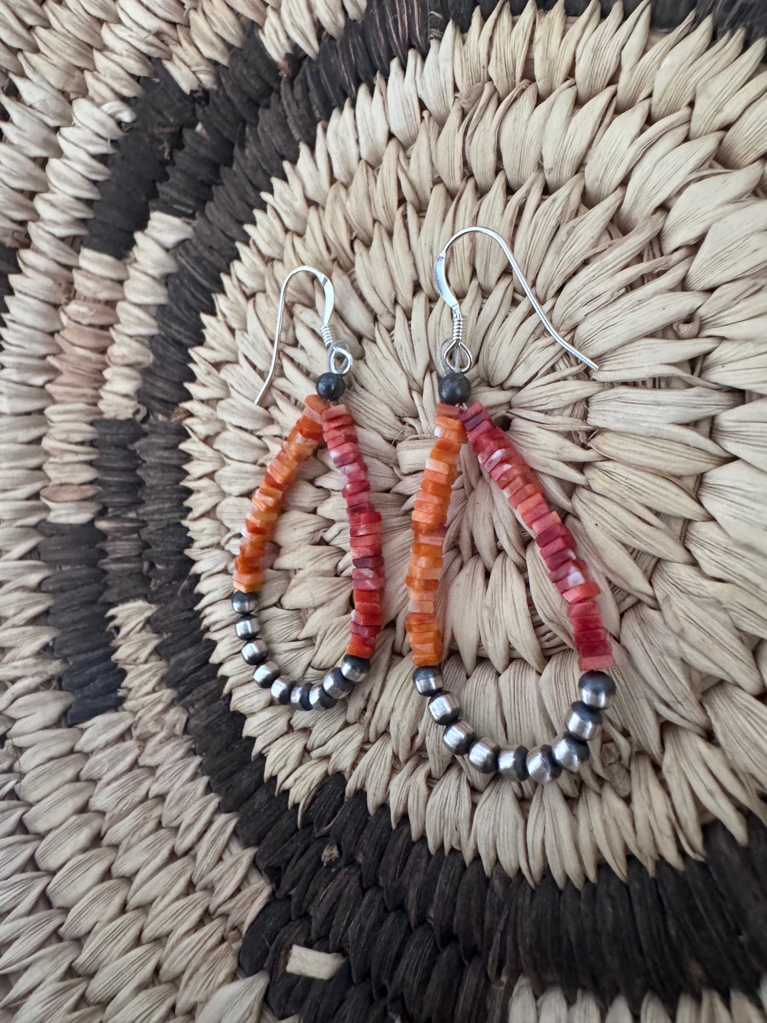Handcrafted Red Spiny, Orange Spiny & Sterling Silver Beaded Dangle Hoop Earrings