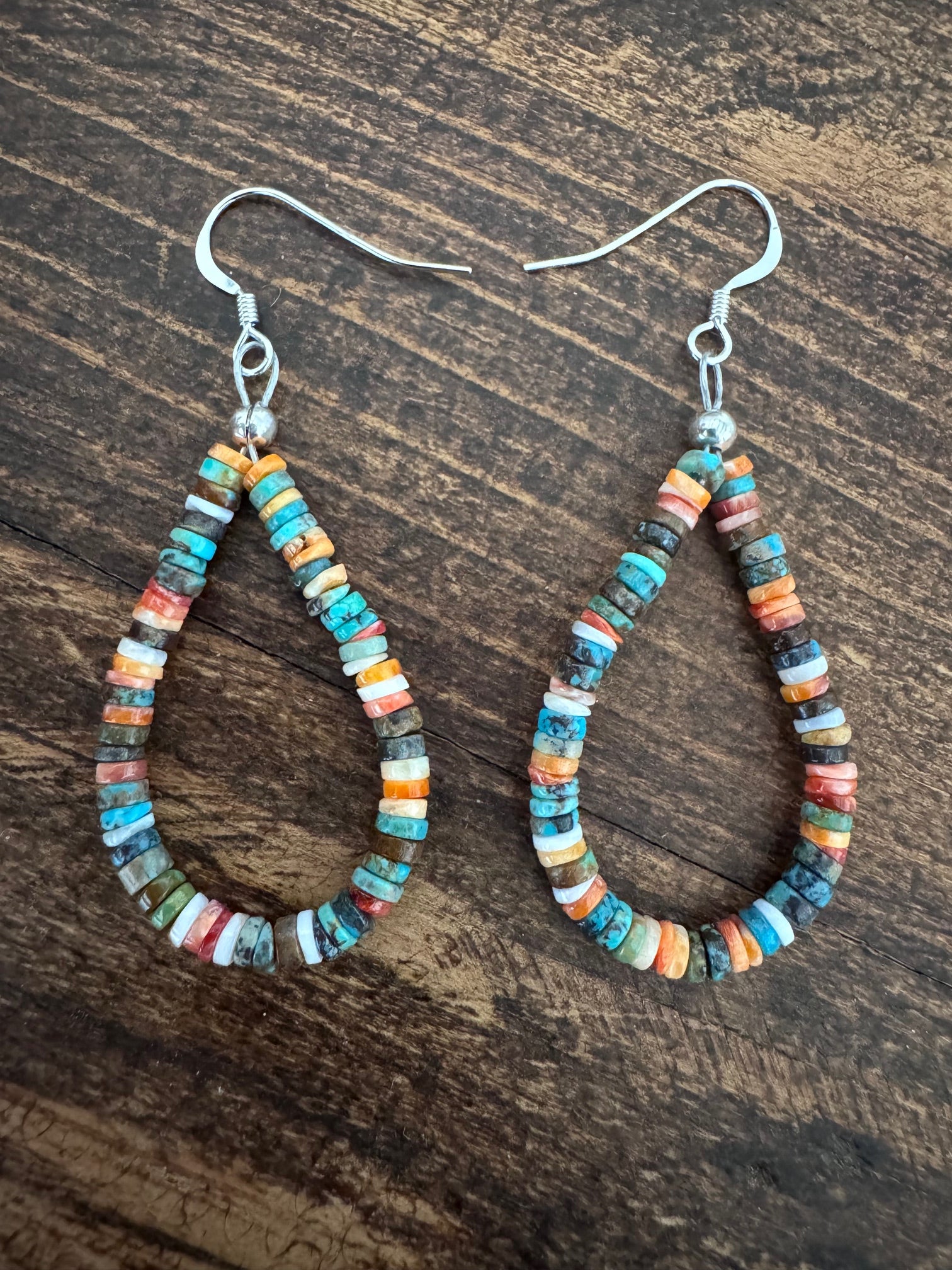 Handcrafted Turquoise, Spiny & Sterling Silver Beaded Dangle Hoop Earrings