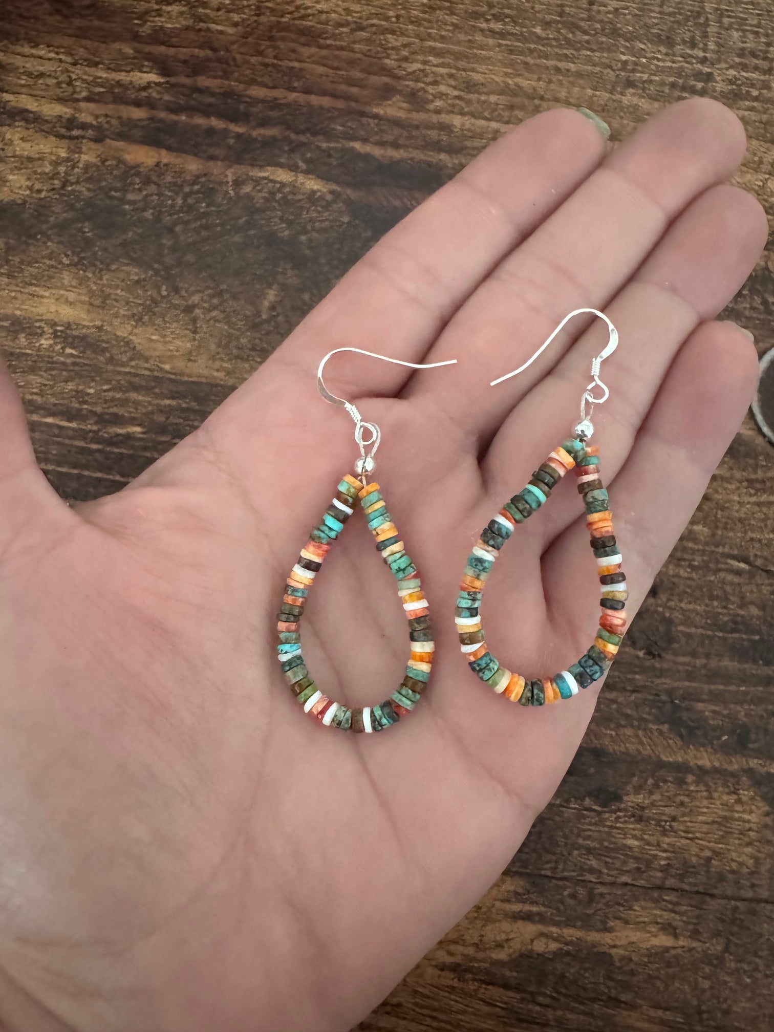 Handcrafted Turquoise, Spiny & Sterling Silver Beaded Dangle Hoop Earrings