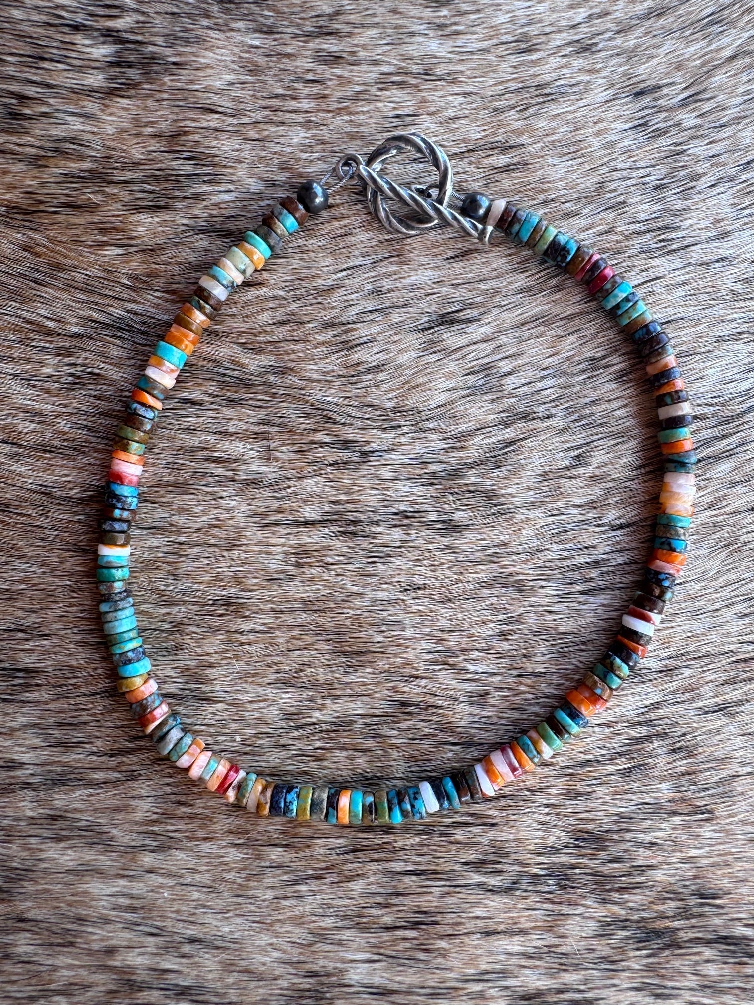 Handcrafted Spiny, Turquoise & Sterling Silver Beaded Bracelet 7.5"