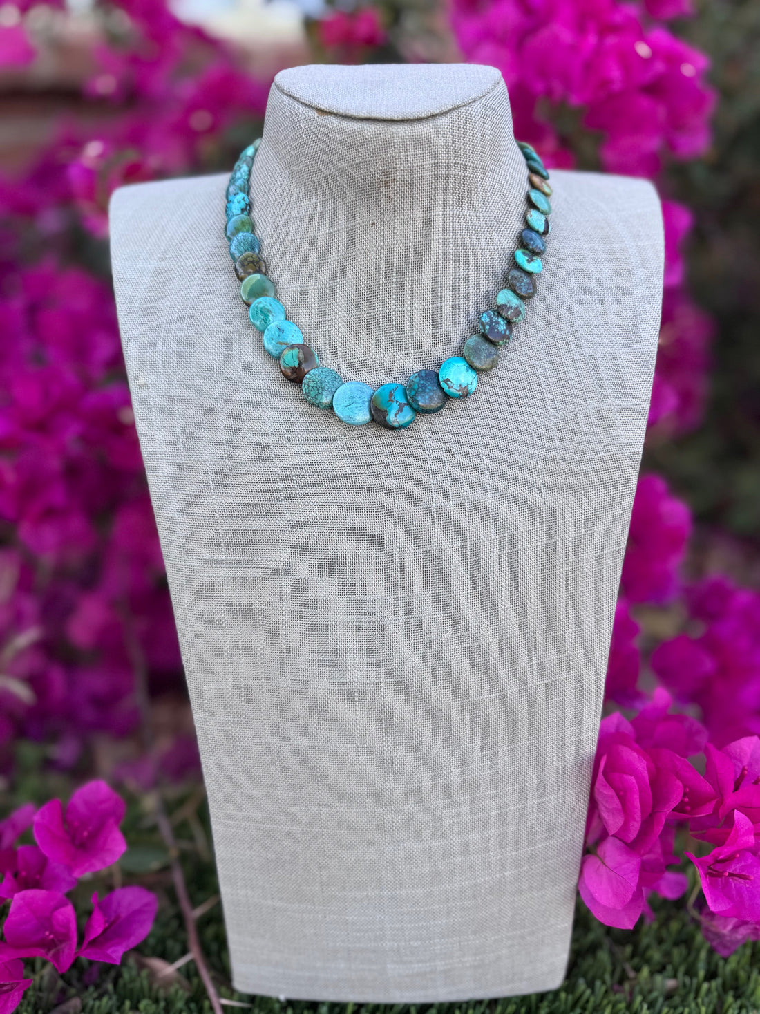 Handcrafted Sterling Silver & Royston Pillow Beaded 16" Necklace