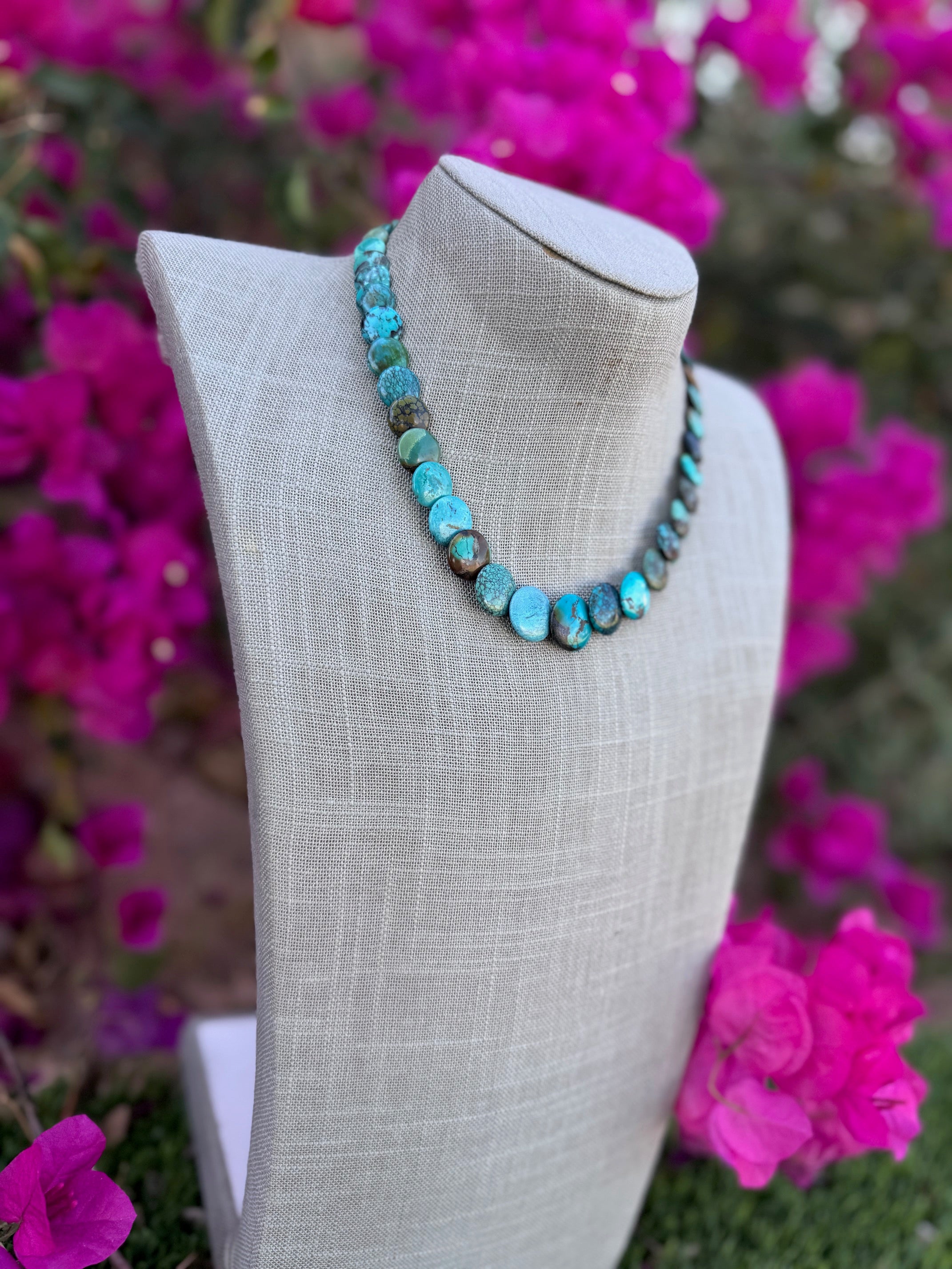 Handcrafted Sterling Silver & Royston Pillow Beaded 16" Necklace